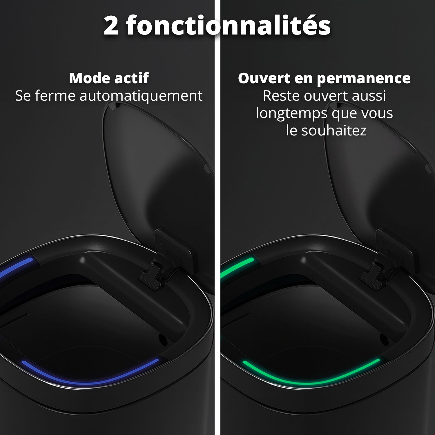Poubelle Velo avec couvercle à fermeture douce et voyant d'état LED 50 litres Noire
