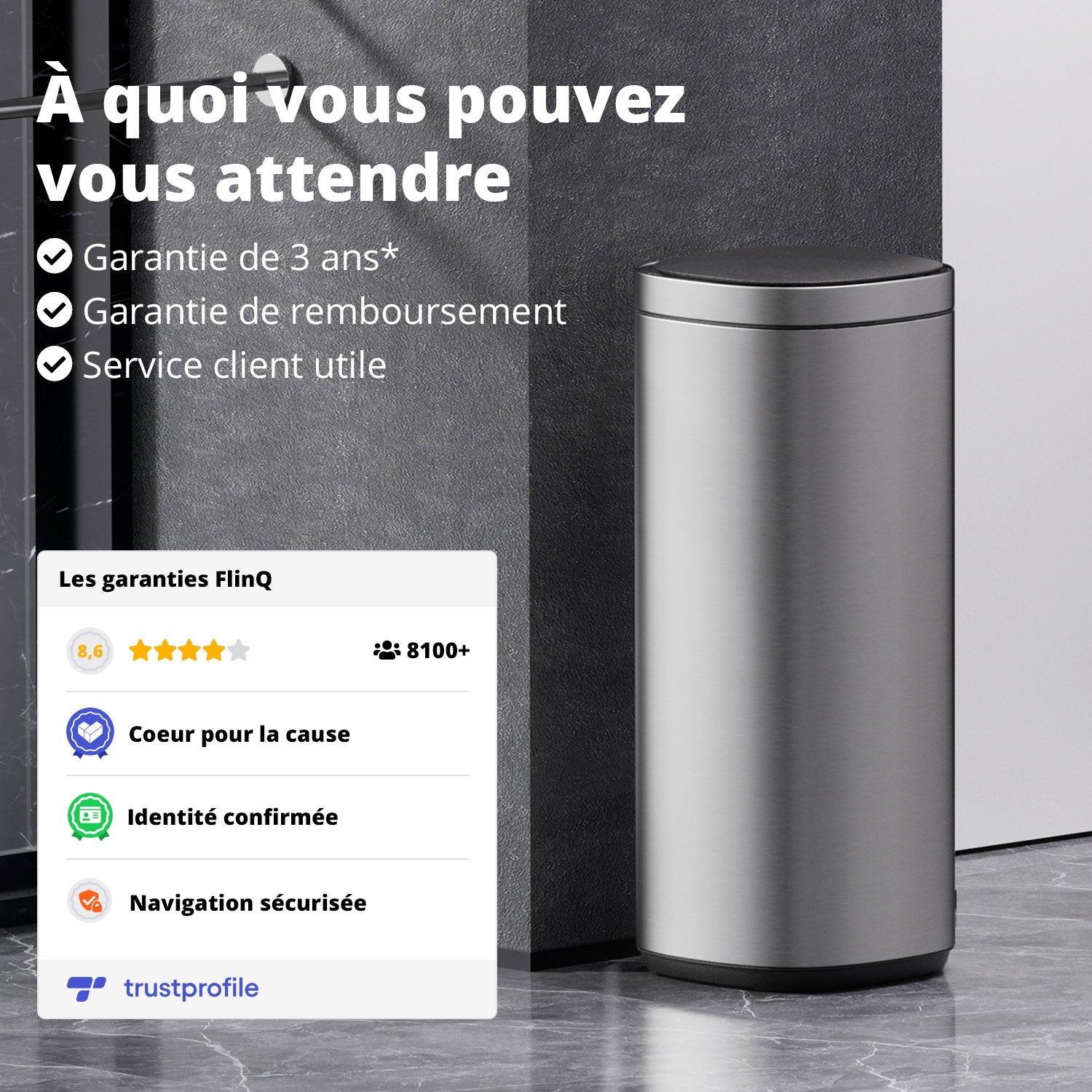 Poubelle Velo avec couvercle à fermeture douce et voyant d'état LED 50 litres Argent