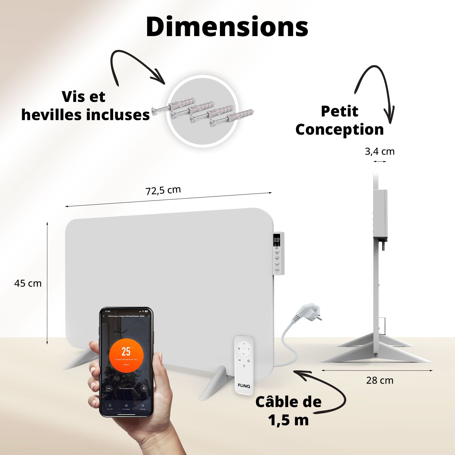 Chauffage infrarouge intelligent FlinQ - Panneau chauffant électrique 450 W - Blanc