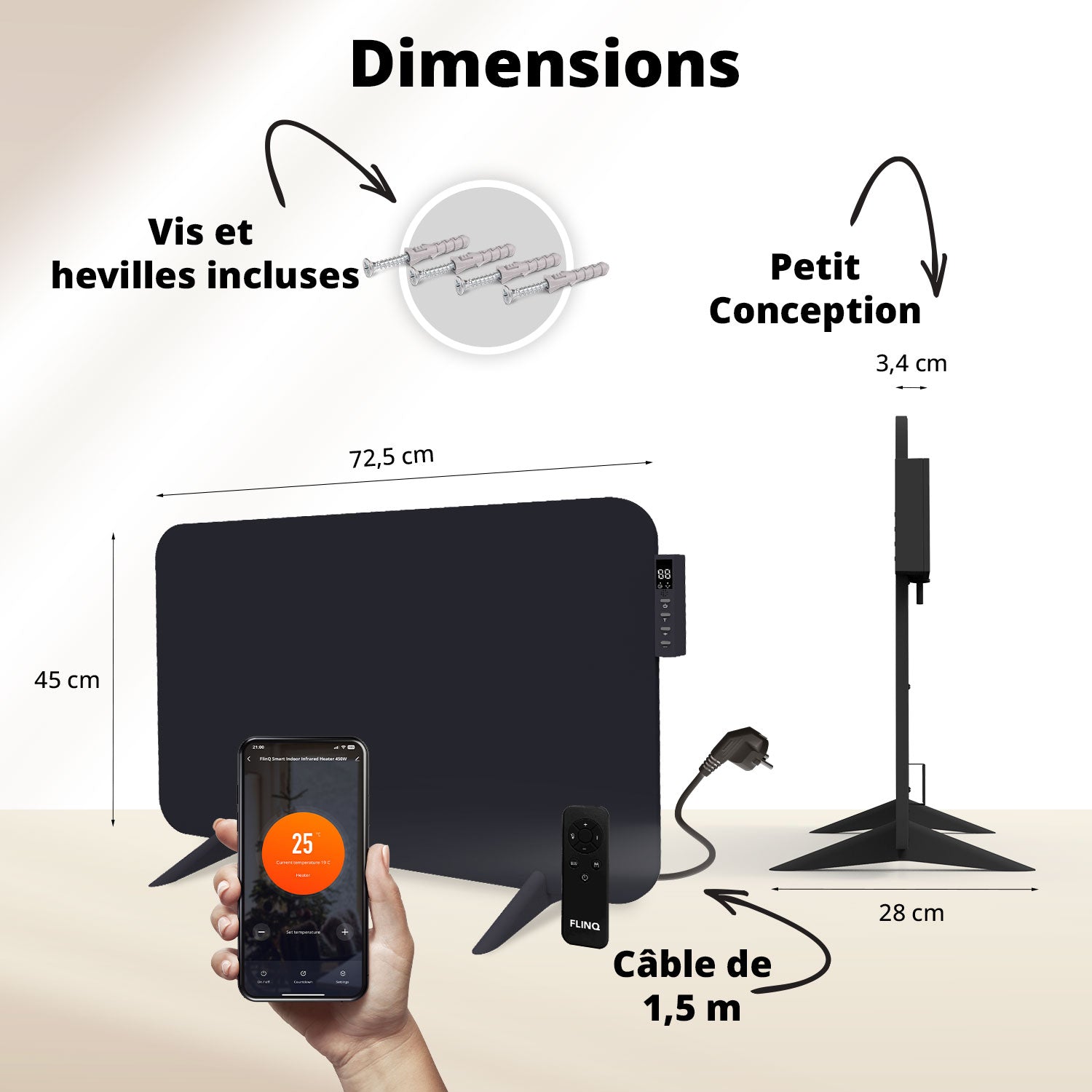 Chauffage infrarouge intelligent FlinQ - Panneau chauffant électrique 450 W - Noir