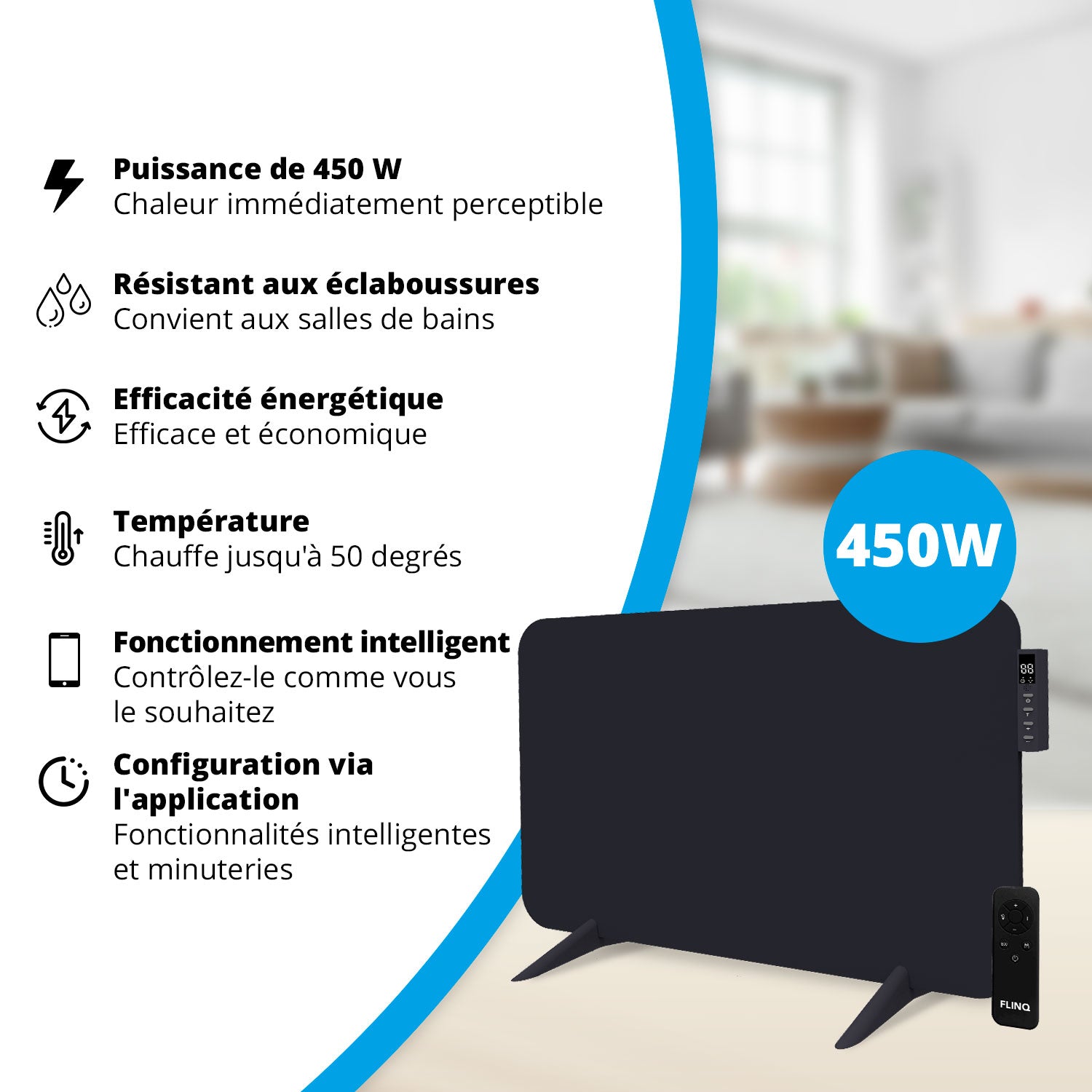 Chauffage infrarouge intelligent FlinQ - Panneau chauffant électrique 450 W - Noir
