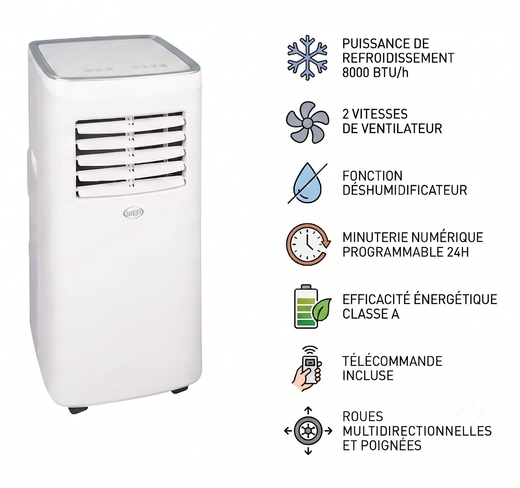 Climatiseur Mobile Compact Blanc 8000BTU Classe A
