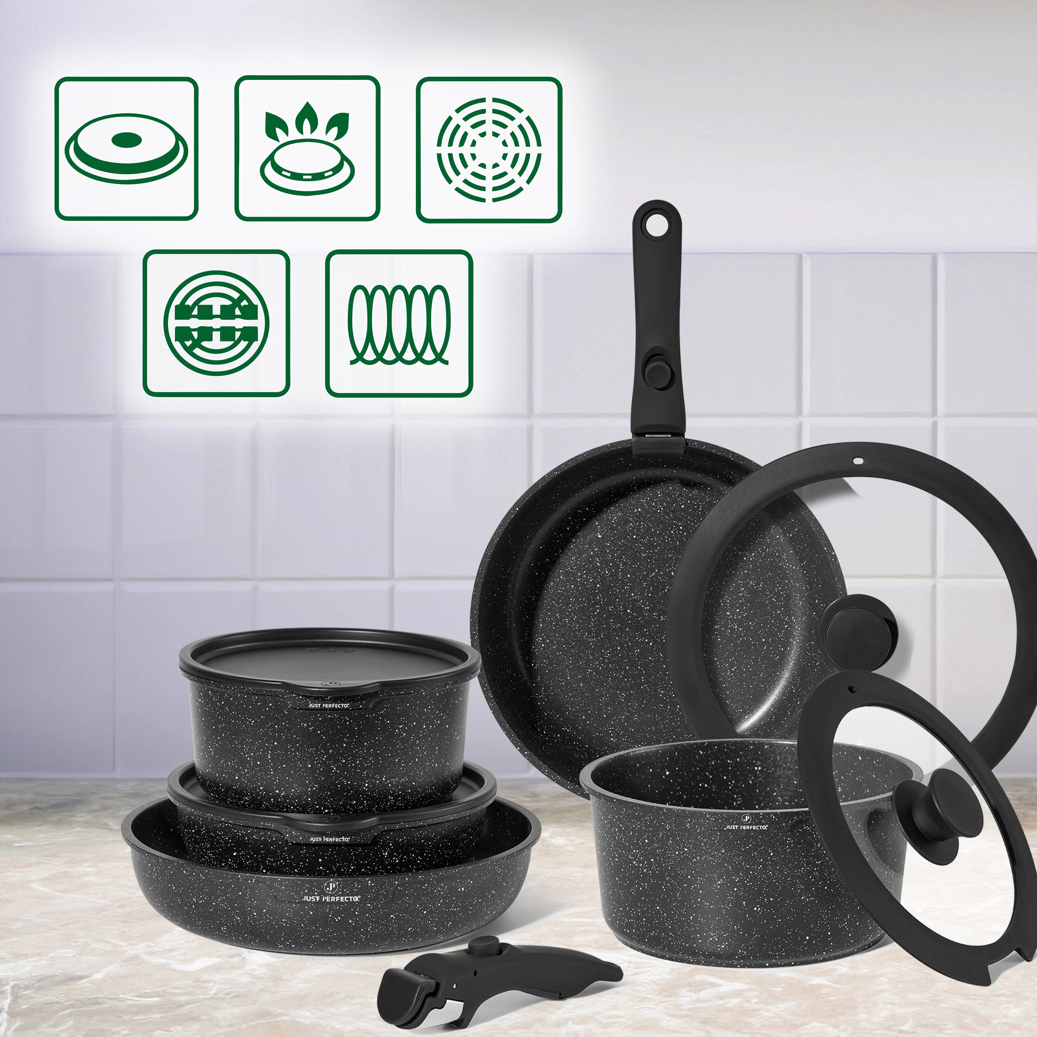 Batterie de cuisine 11 pièces avec poignées amovibles  en Granit noir - Tous feux dont induction