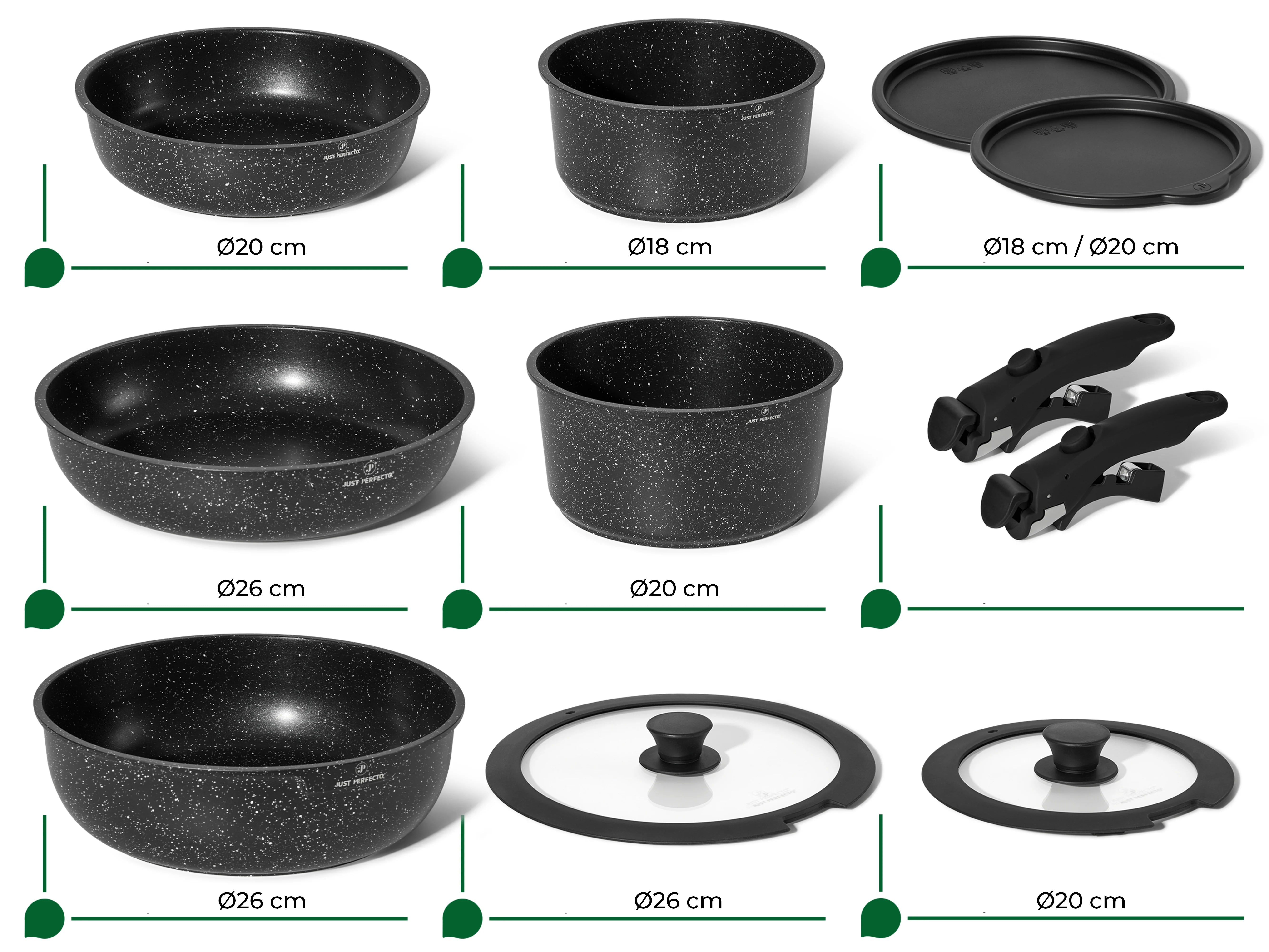 Batterie de cuisine 11 pièces avec poignées amovibles  en Granit noir - Tous feux dont induction