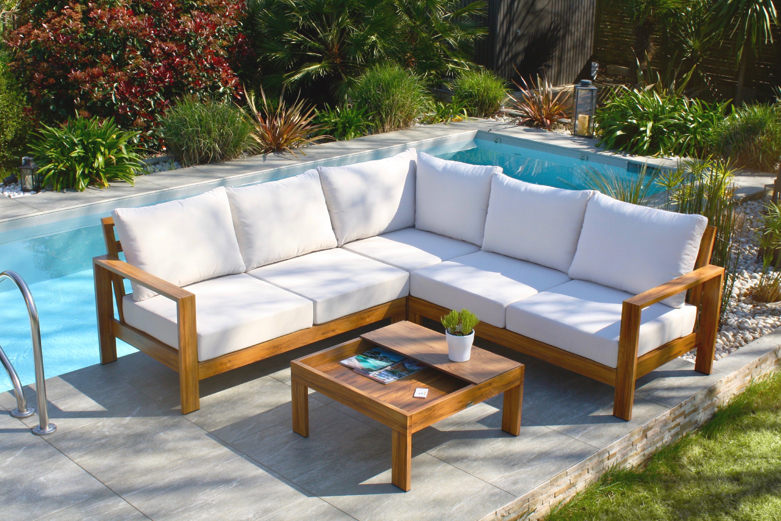 Salon de jardin d'angle MAJORQUE 5 places en aluminium effet bois - MARRON