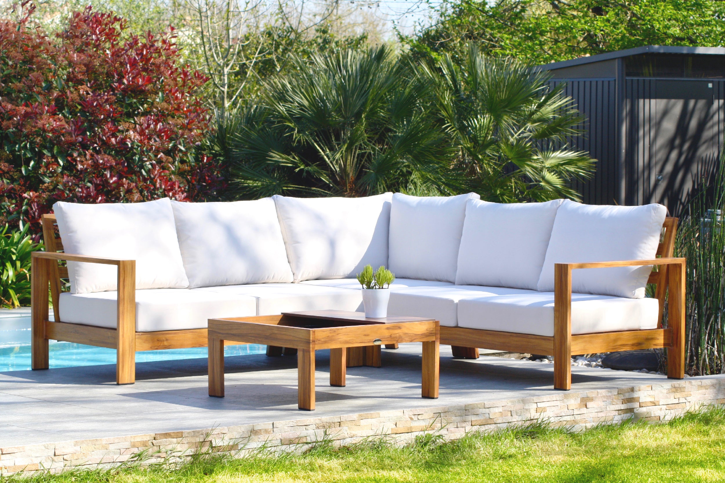 Salon de jardin d'angle MAJORQUE 5 places en aluminium effet bois - MARRON