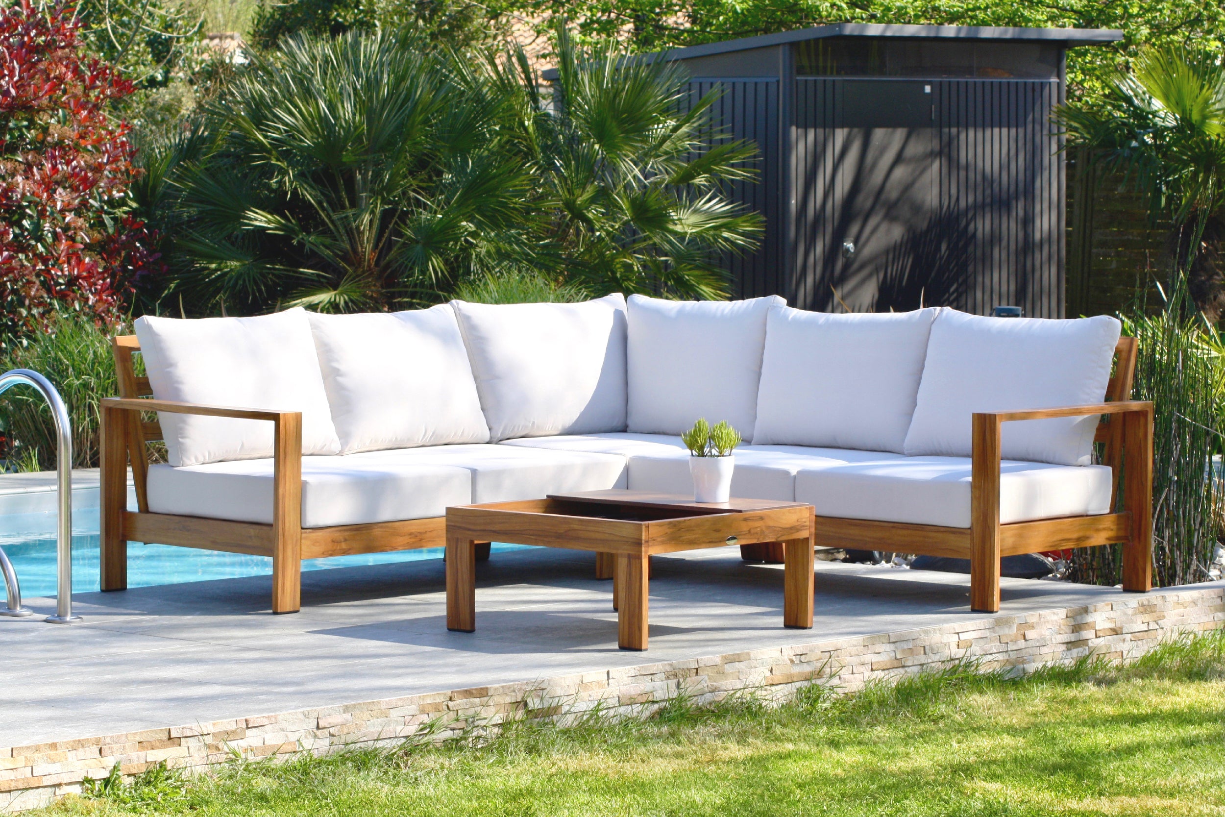 Salon de jardin d'angle MAJORQUE 5 places en aluminium effet bois - MARRON