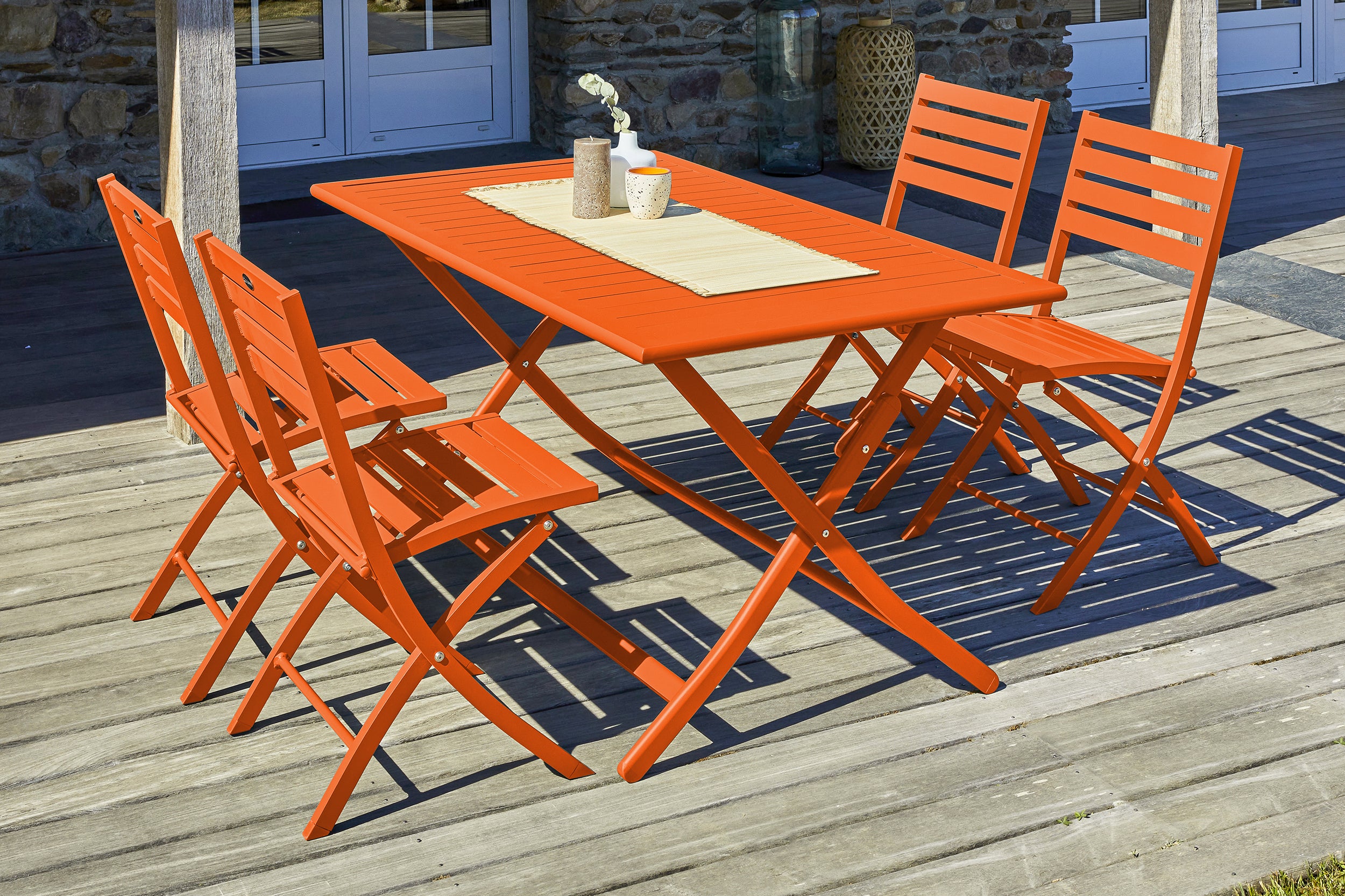 Table de jardin pliante MARIUS-TB140-ORANGE et 4 chaises MARIUS-CP-ORANGE pliantes