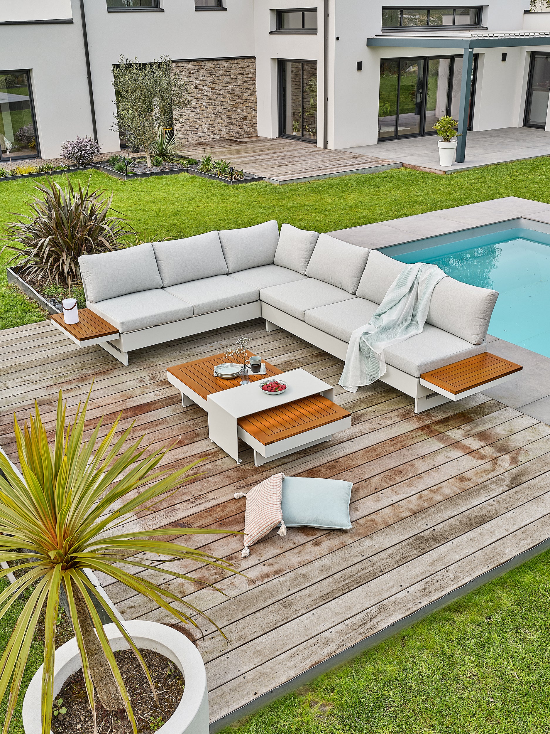 Salon de jardin d'angle Minera aluminium et acacia - Gris