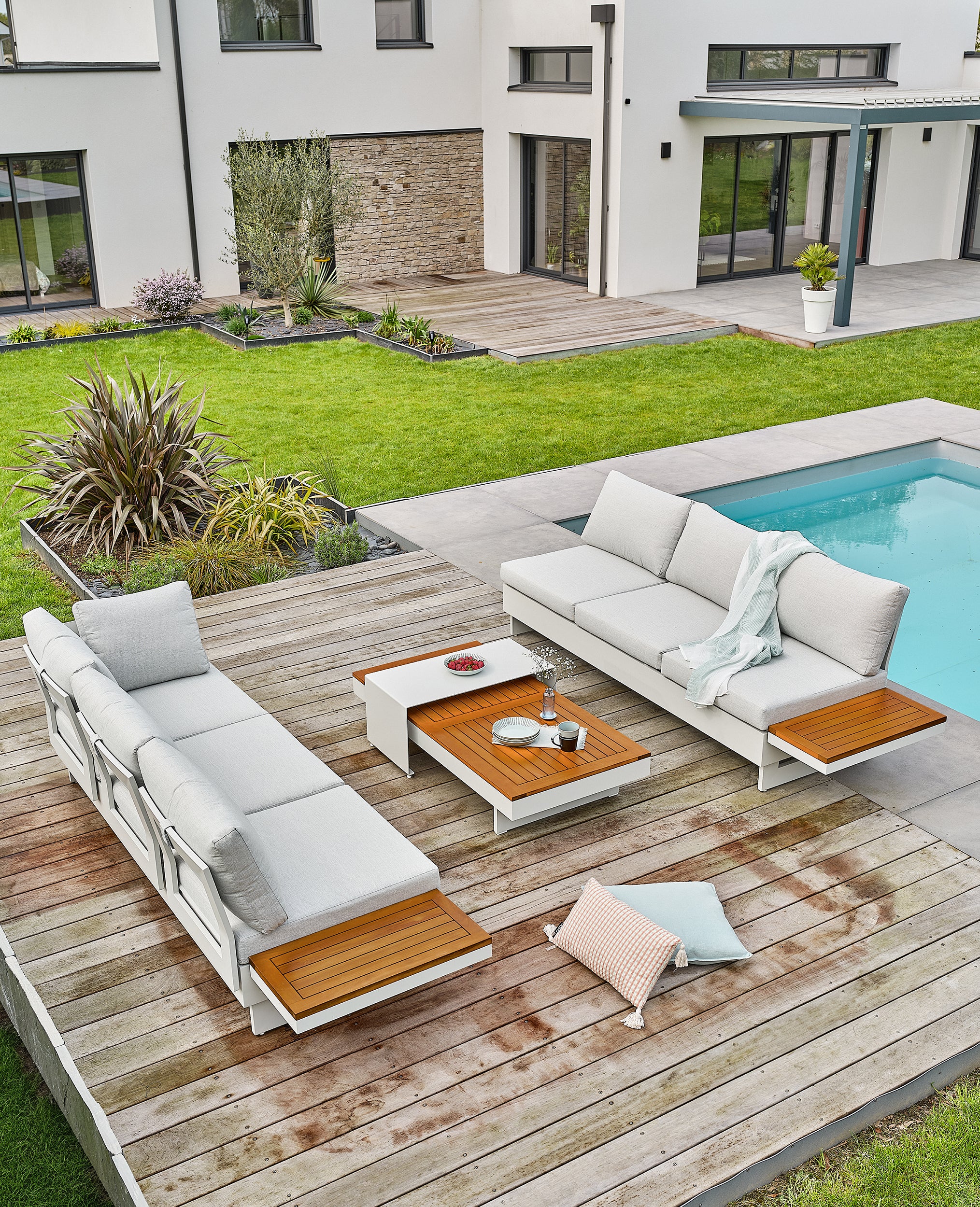 Salon de jardin d'angle Minera aluminium et acacia - Gris