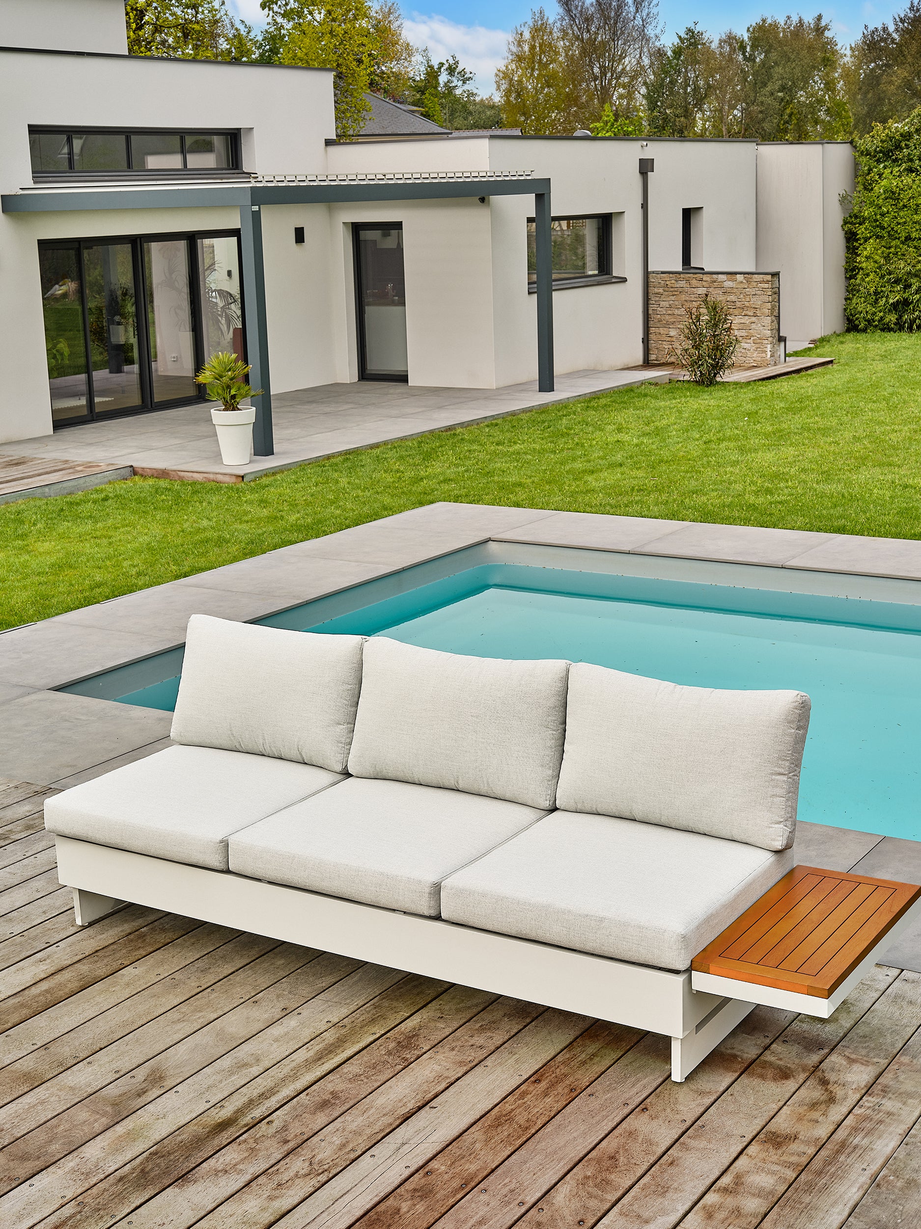 Salon de jardin d'angle Minera aluminium et acacia - Gris