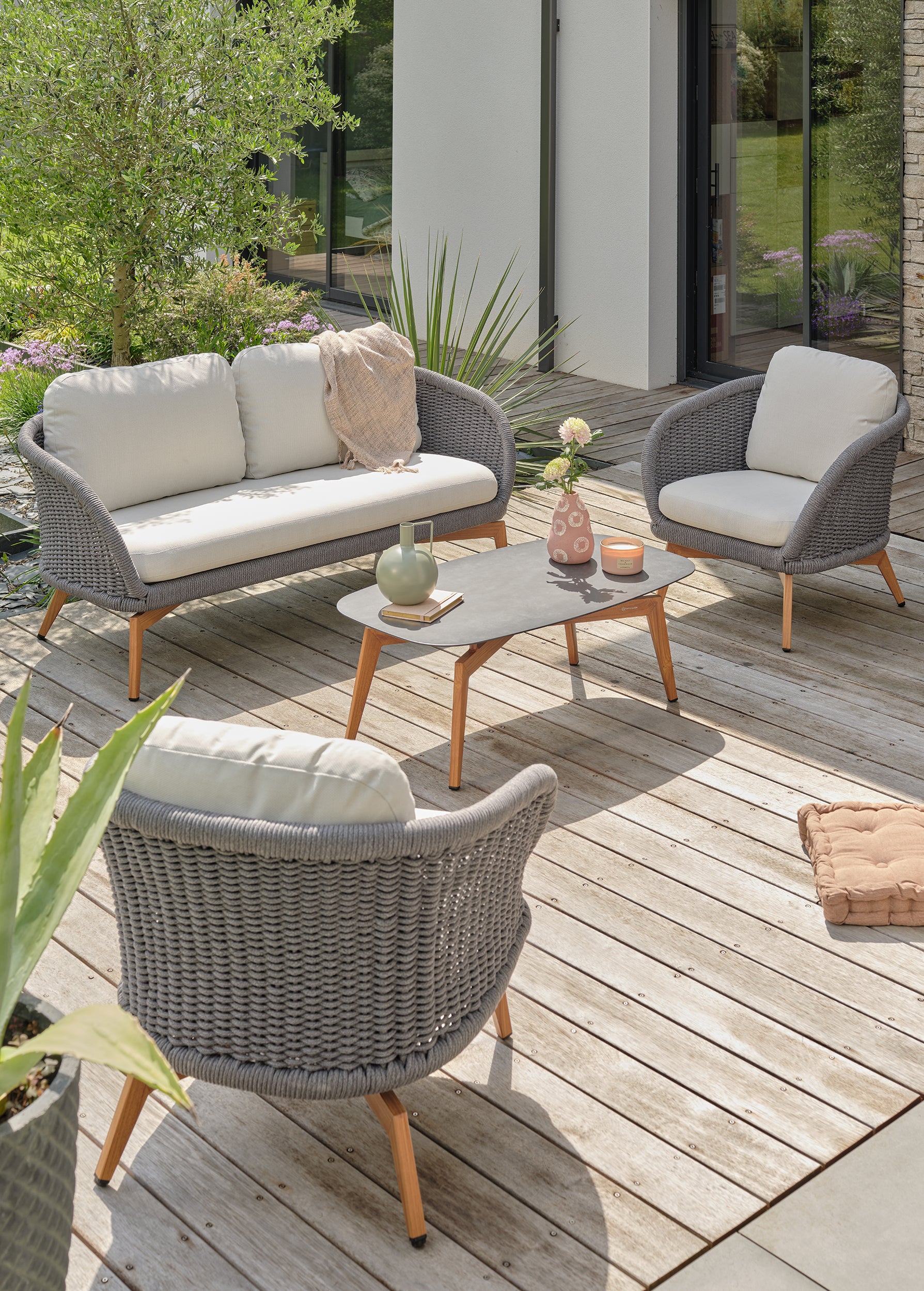 Salon bas de jardin Mynta alu et corde Olefin - Effet bois