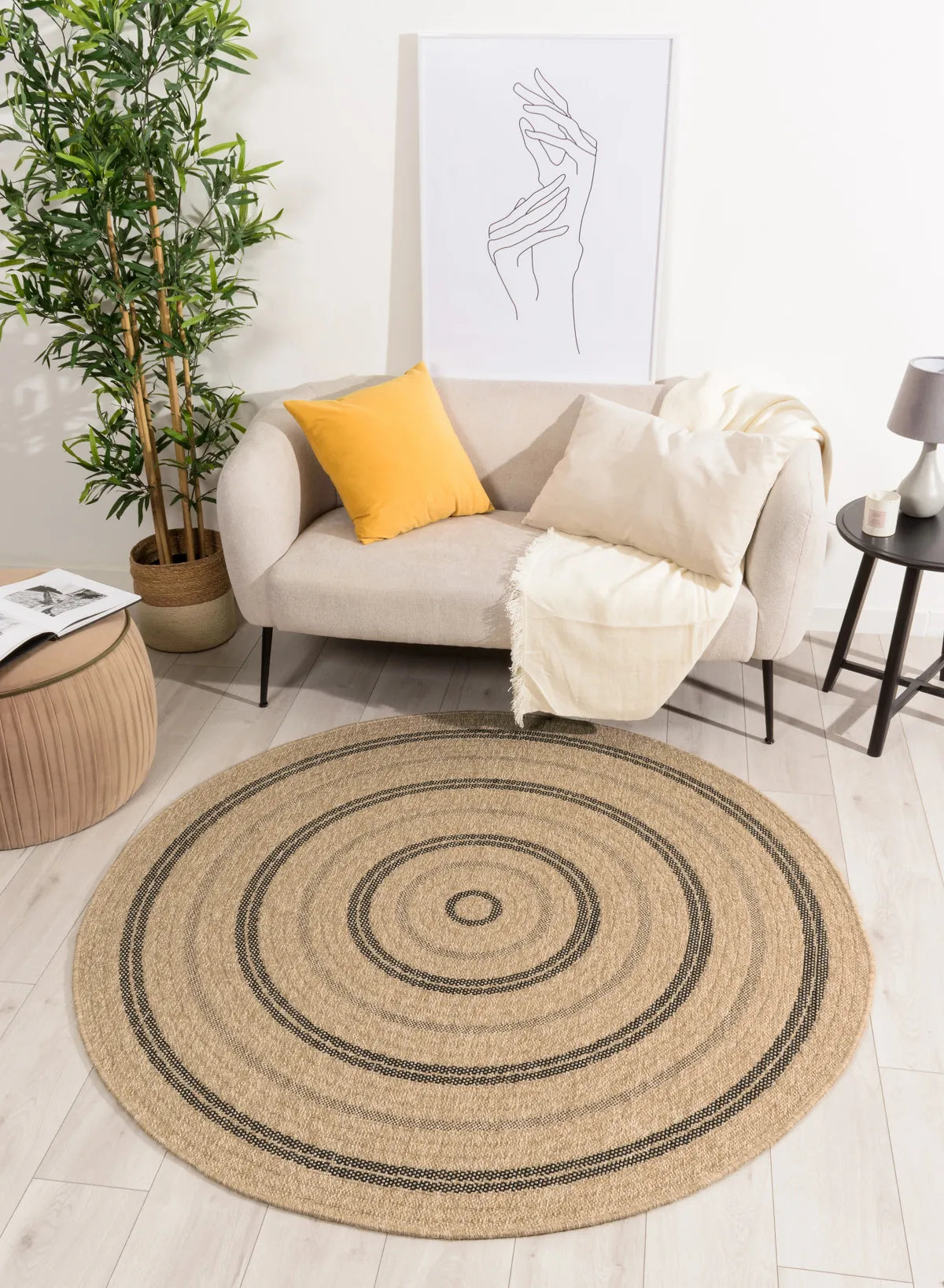 Tapis aspect jute nature motifs rectangles noirs rond - Nature