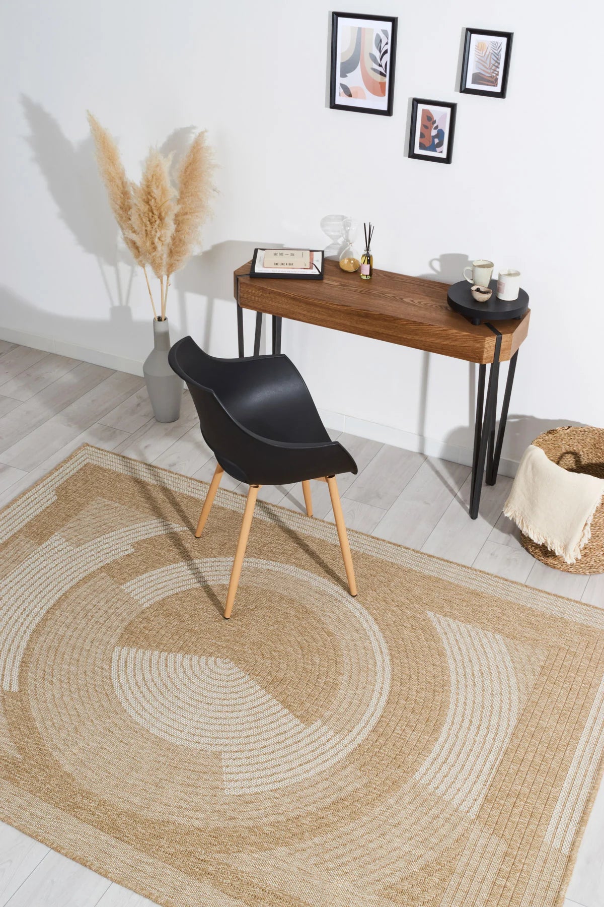 Tapis aspect jute nature motifs circulaires blancs - Nature