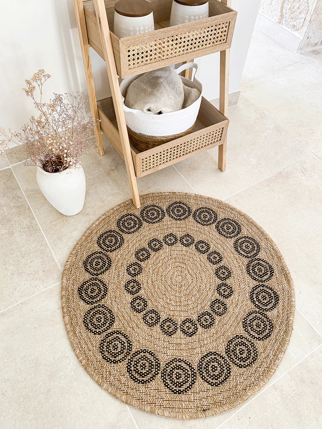 Tapis aspect jute nature motifs géométriques noirs rond - Nature