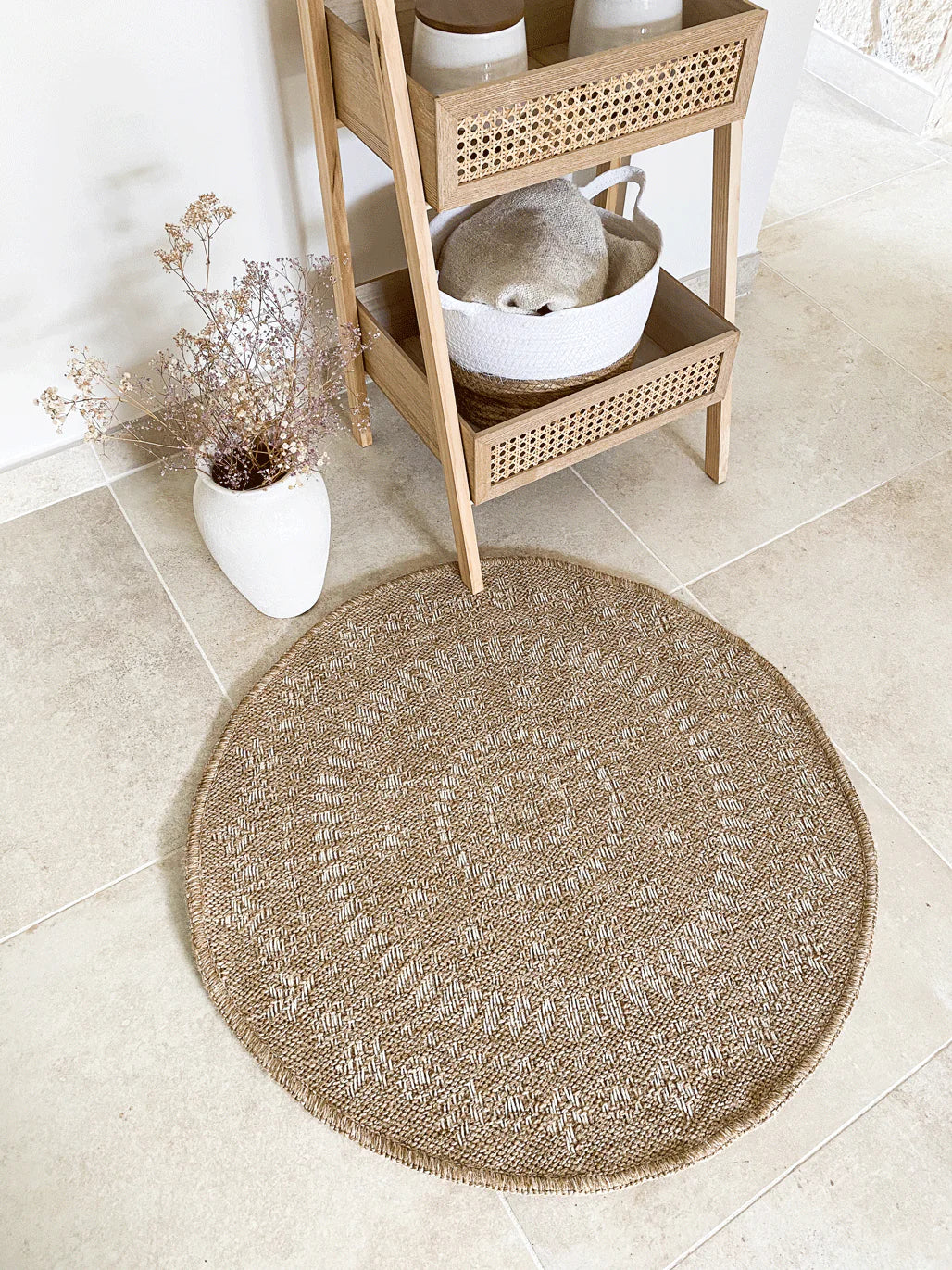 Tapis aspect jute nature motifs orientaux blancs rond - Nature