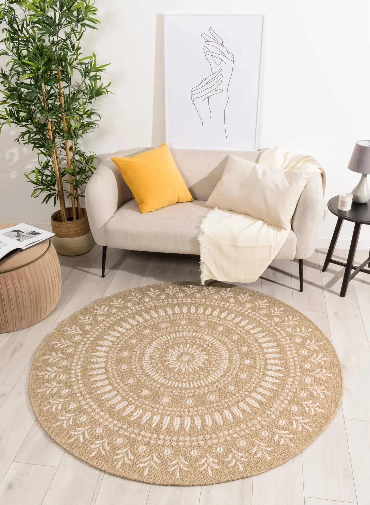 Tapis aspect jute nature motifs orientaux blancs rond - Nature