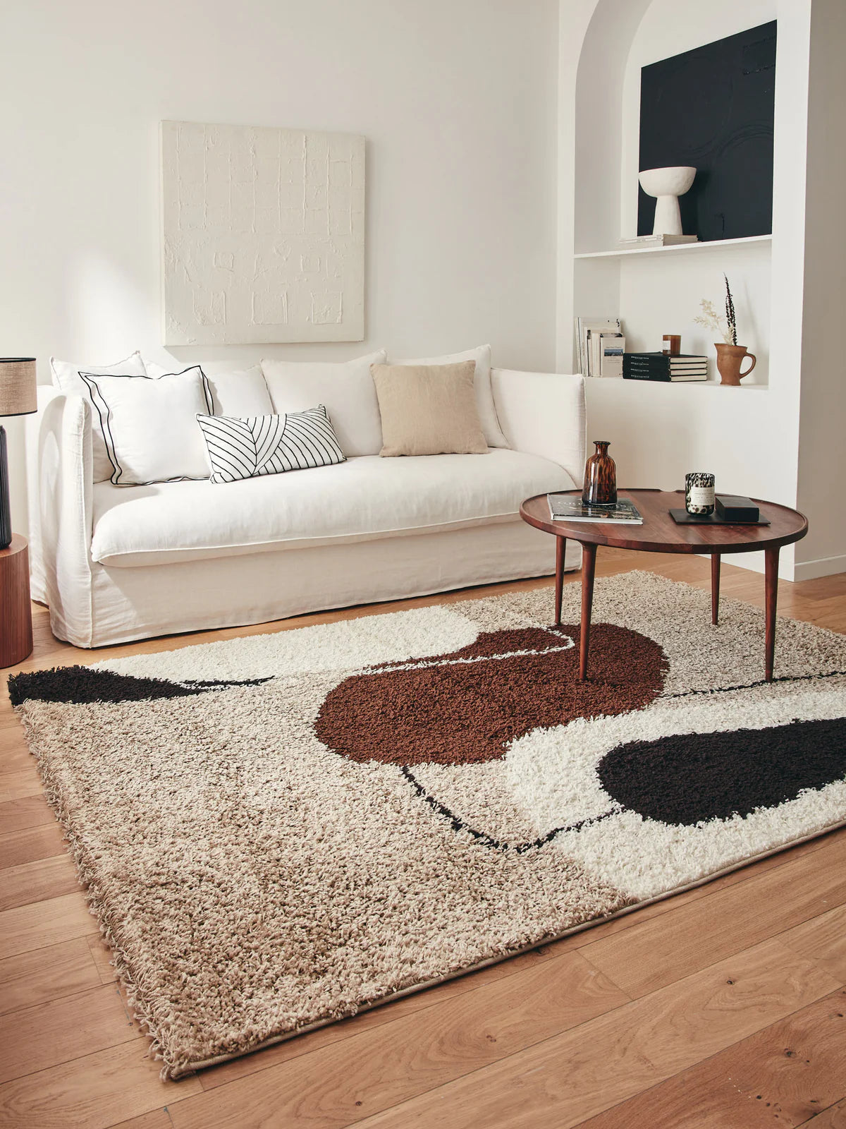 Tapis à poils longs motifs artistiques marron, beige, café et crème -  Palerme 80X140 cm