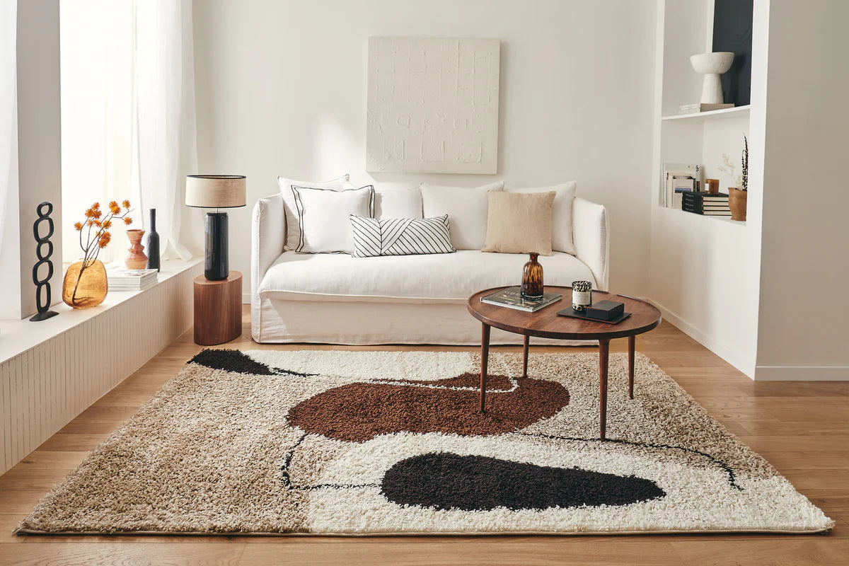 Tapis à poils longs motifs artistiques marron, beige, café et crème -  Palerme 80X140 cm