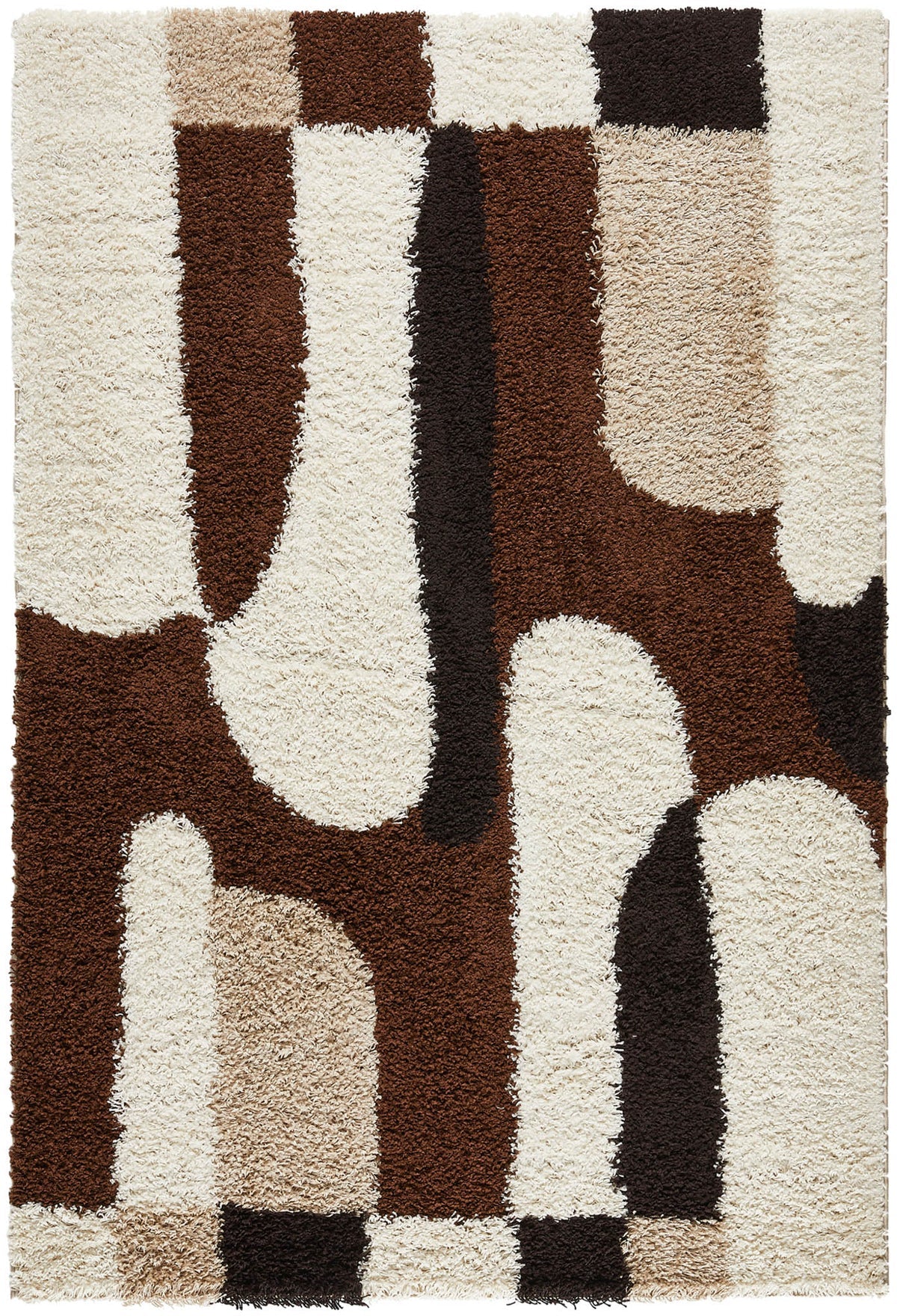 Tapis à poils longs motifs abstraits de couleur marron, beige, café et crème - Palerme