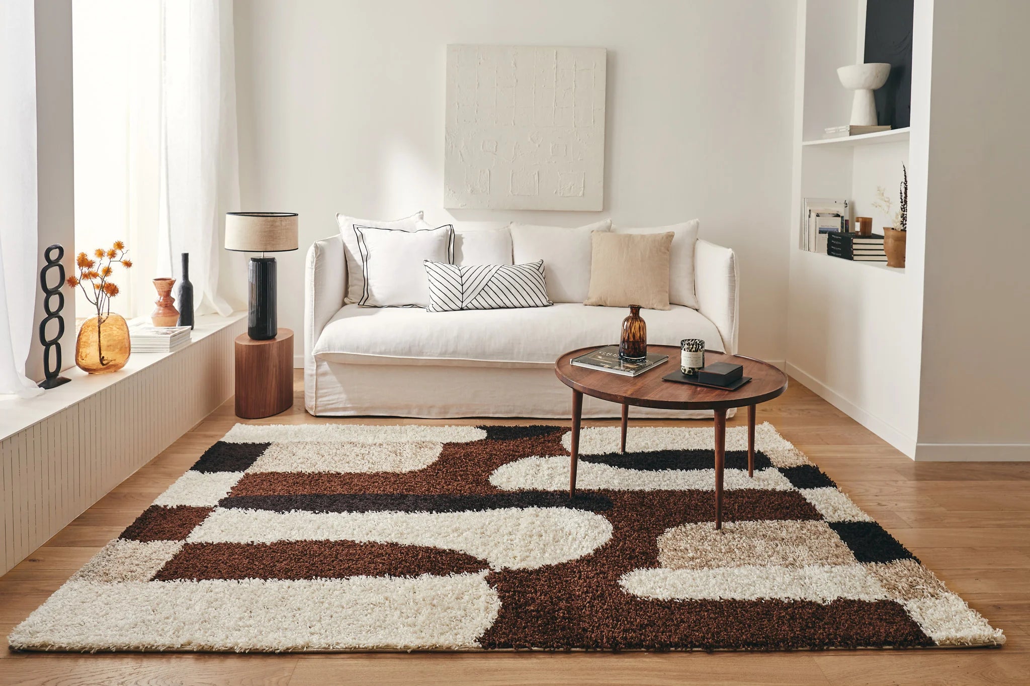 Tapis à poils longs motifs abstraits de couleur marron, beige, café et crème - Palerme