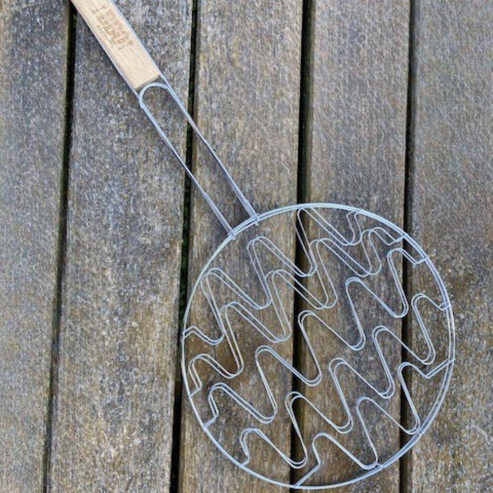 Double Grille Barbecue Ronde 30 cm en Acier Chromé avec Manche en Bois