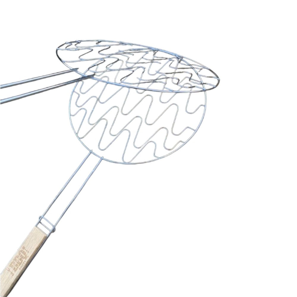 Double Grille Barbecue Ronde 30 cm en Acier Chromé avec Manche en Bois