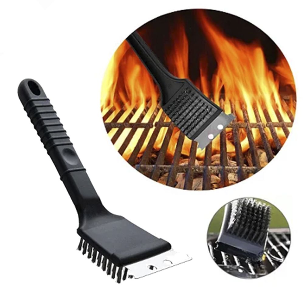 Brosse de nettoyage barbecue en acier inoxydable avec grattoir et poils métalliques