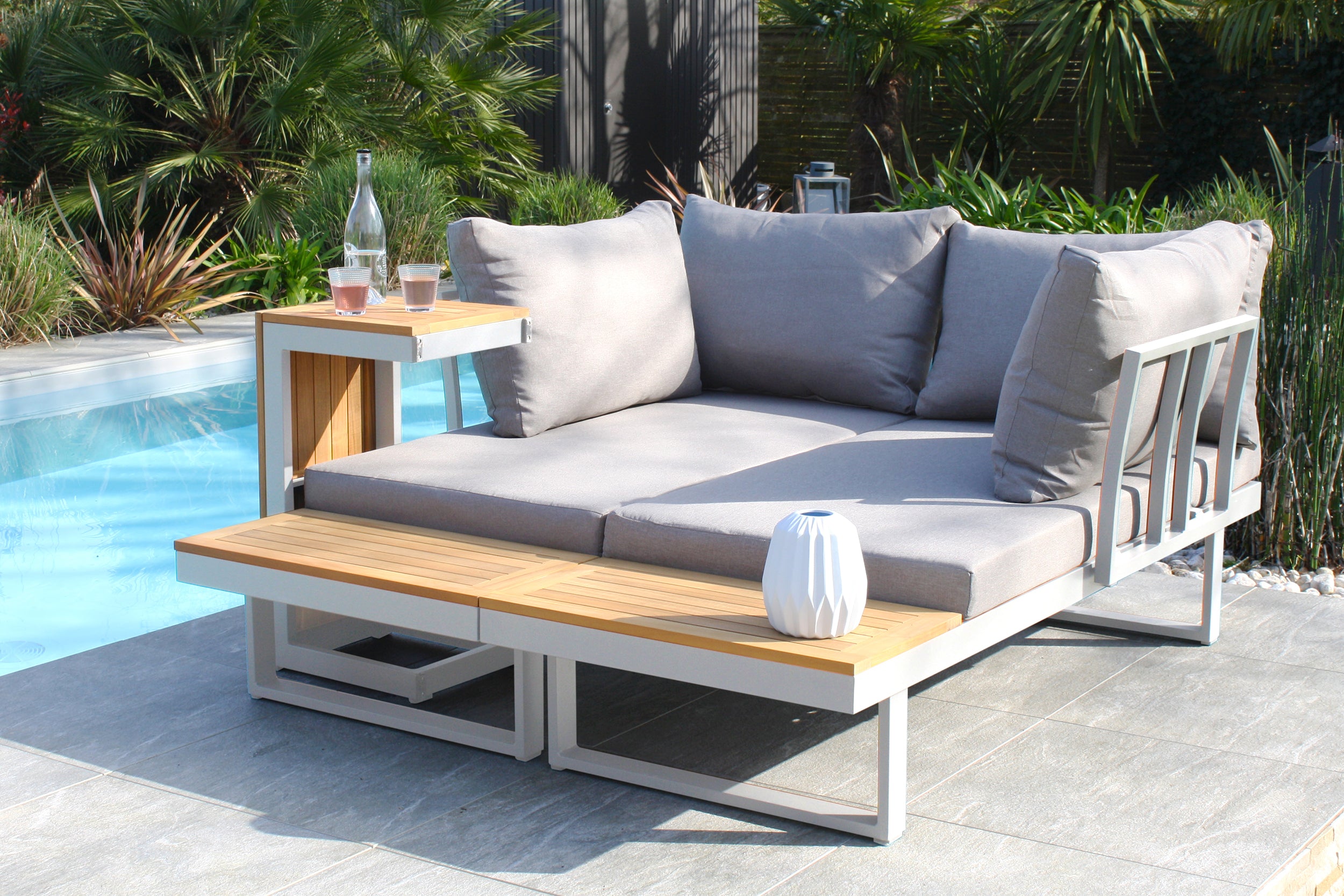 Salon de jardin modulable TOKYO 4 places en bois d'acacia et aluminium - BLANC
