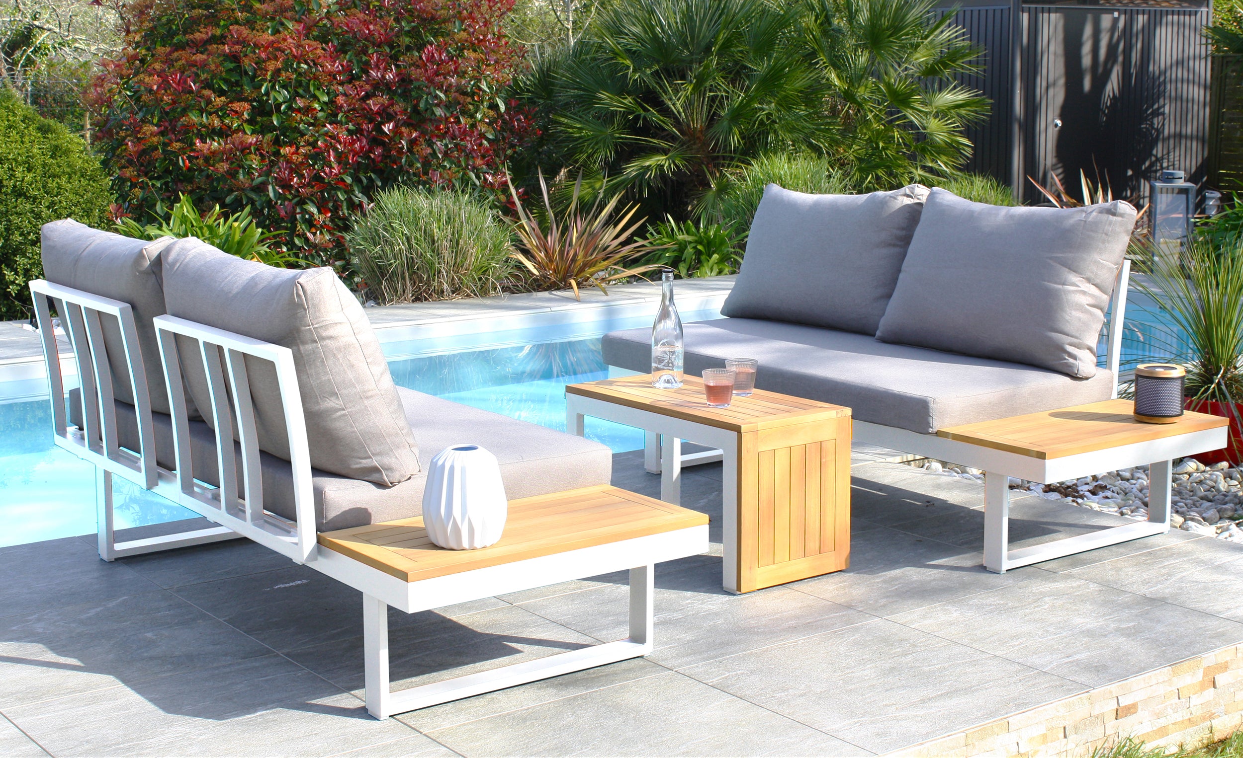 Salon de jardin modulable TOKYO 4 places en bois d'acacia et aluminium - BLANC