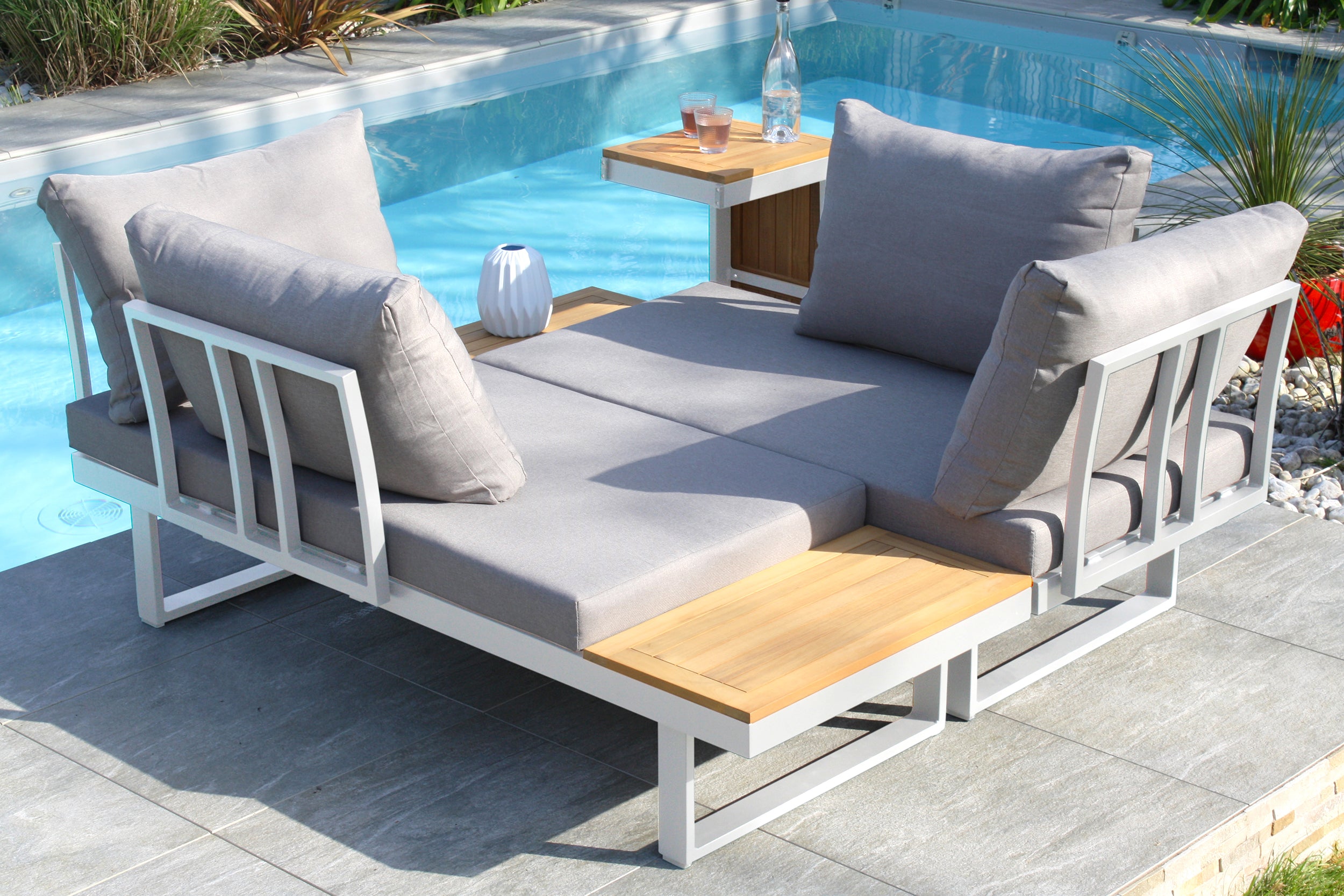 Salon de jardin modulable TOKYO 4 places en bois d'acacia et aluminium - BLANC