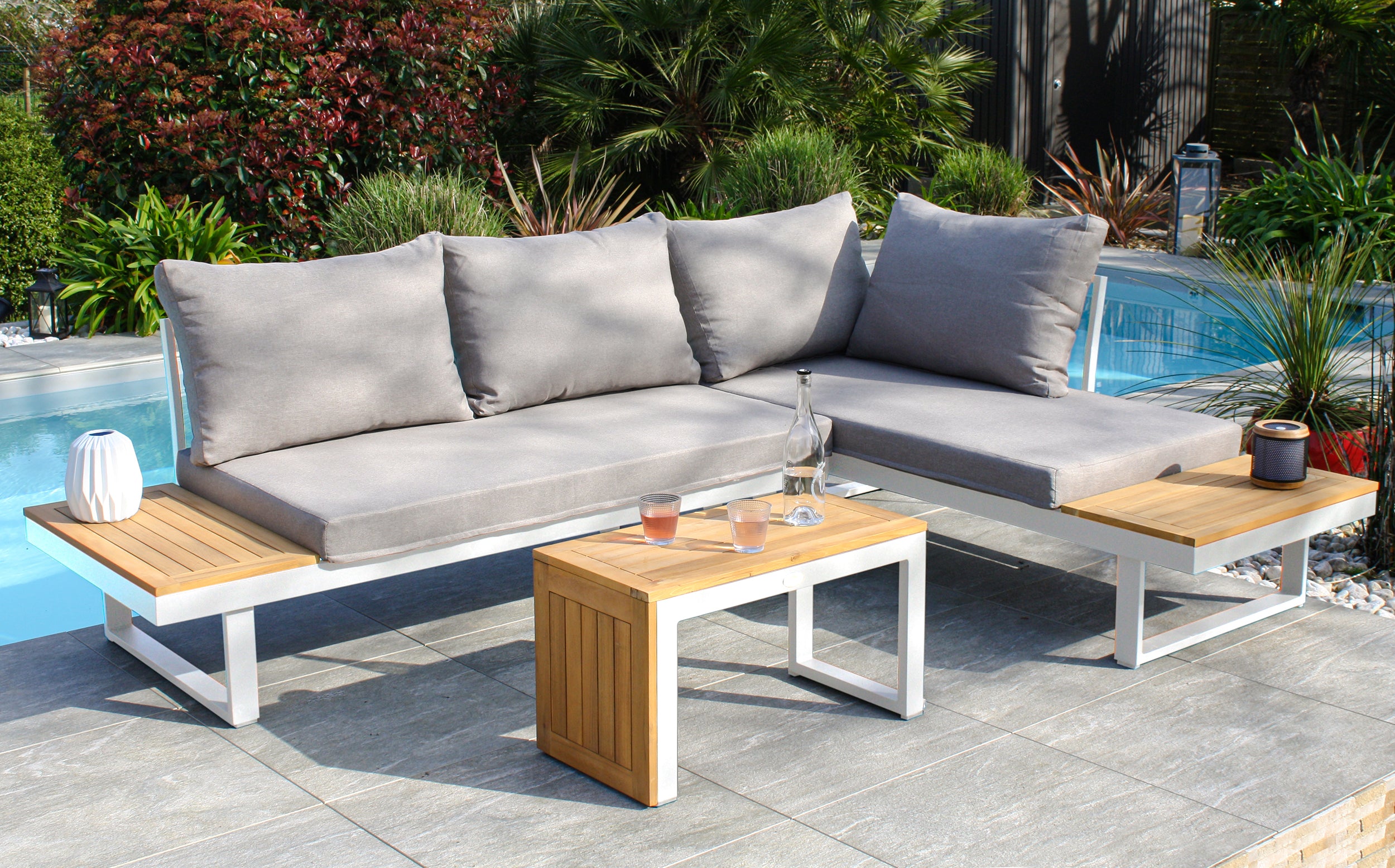 Salon de jardin modulable TOKYO 4 places en bois d'acacia et aluminium - BLANC