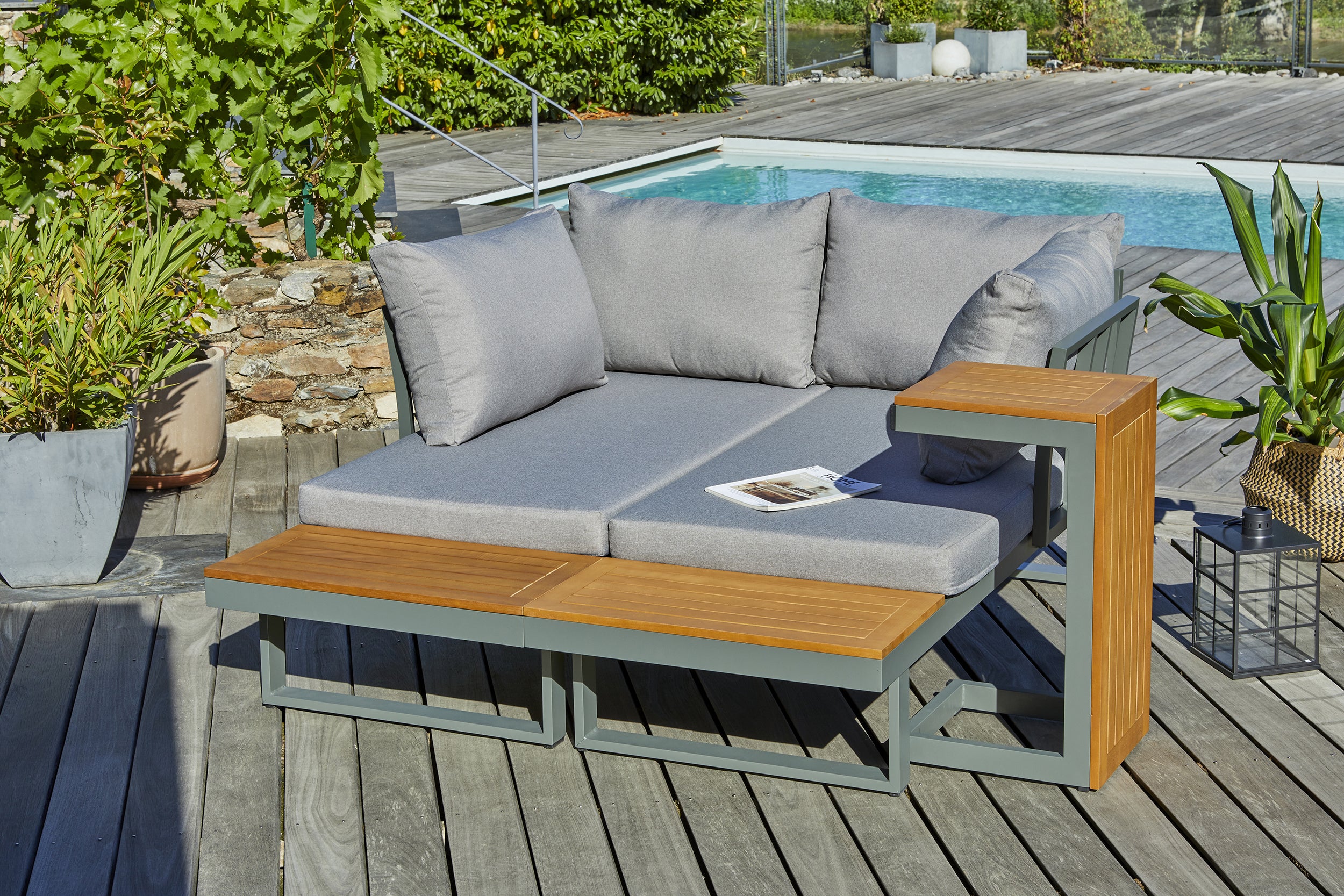 Salon de jardin modulable TOKYO 4 places en bois d'acacia et aluminium - KAKI