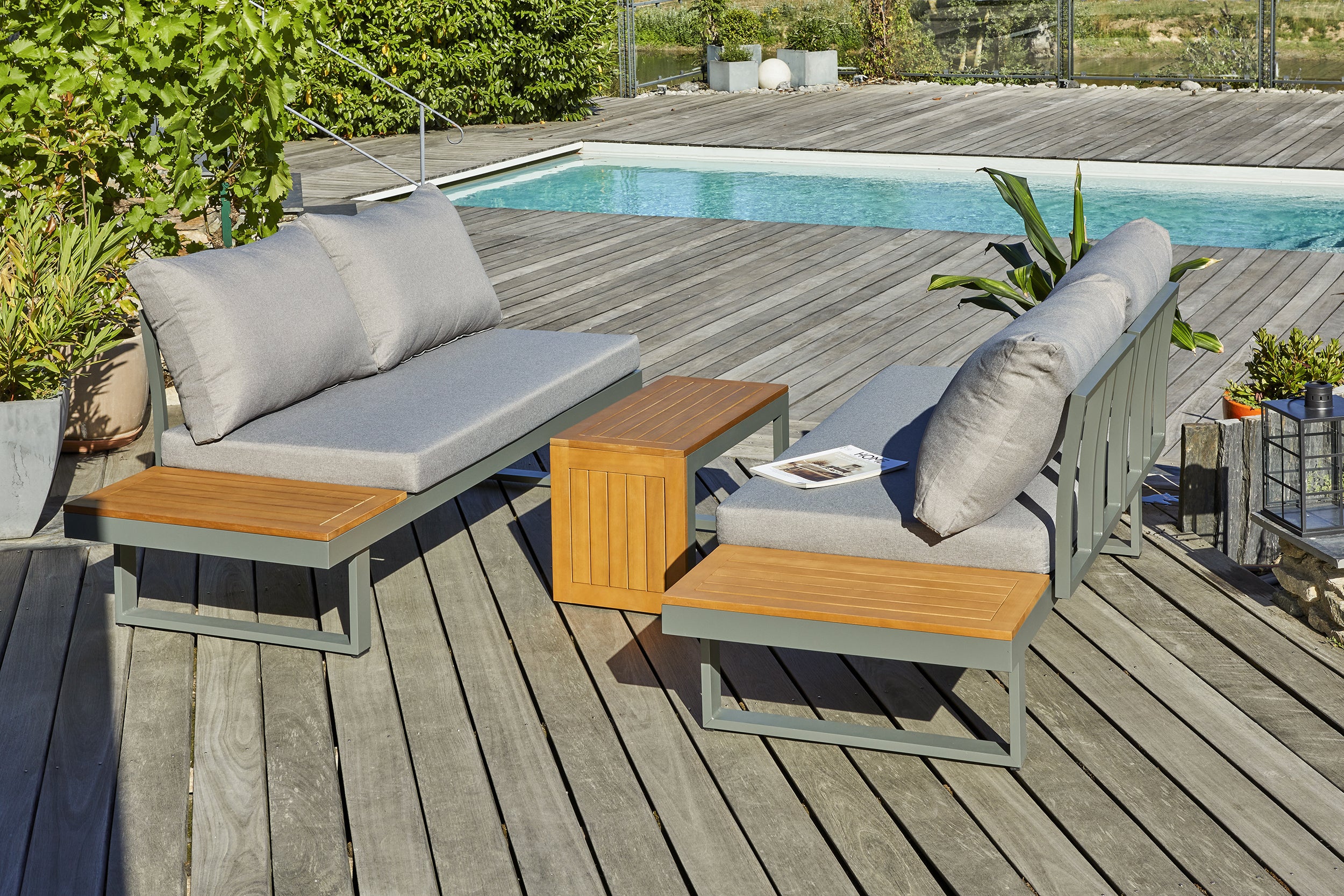 Salon de jardin modulable TOKYO 4 places en bois d'acacia et aluminium - KAKI