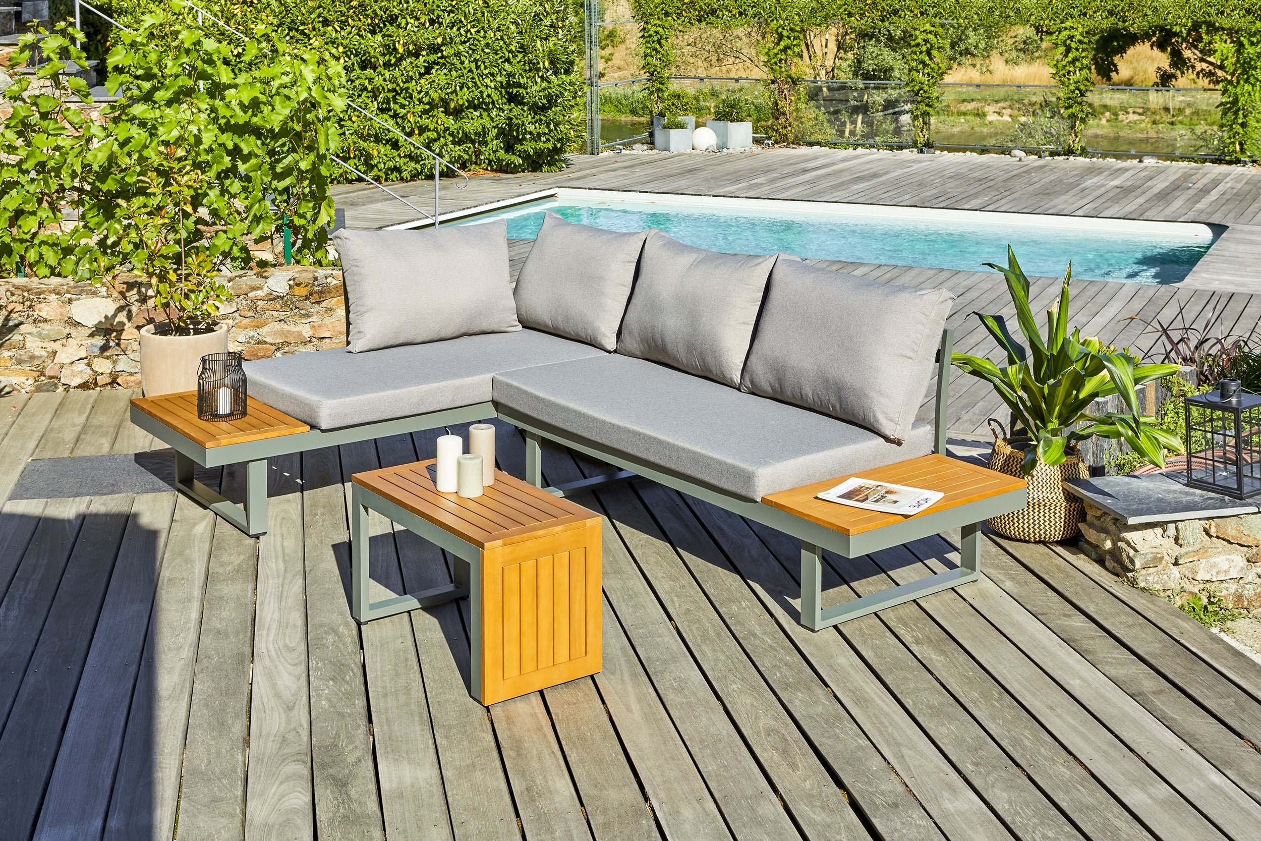 Salon de jardin modulable TOKYO 4 places en bois d'acacia et aluminium - KAKI