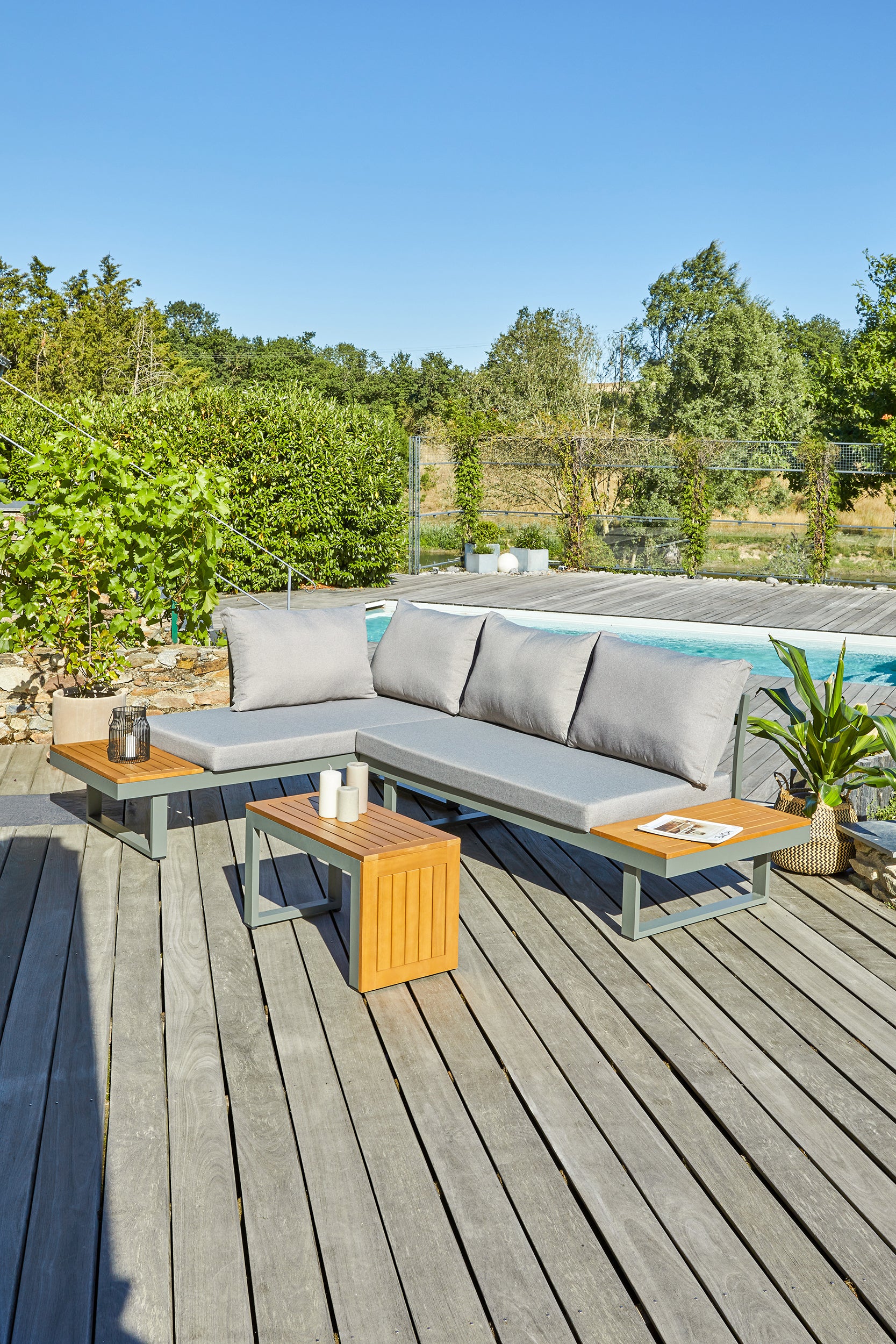Salon de jardin modulable TOKYO 4 places en bois d'acacia et aluminium - KAKI