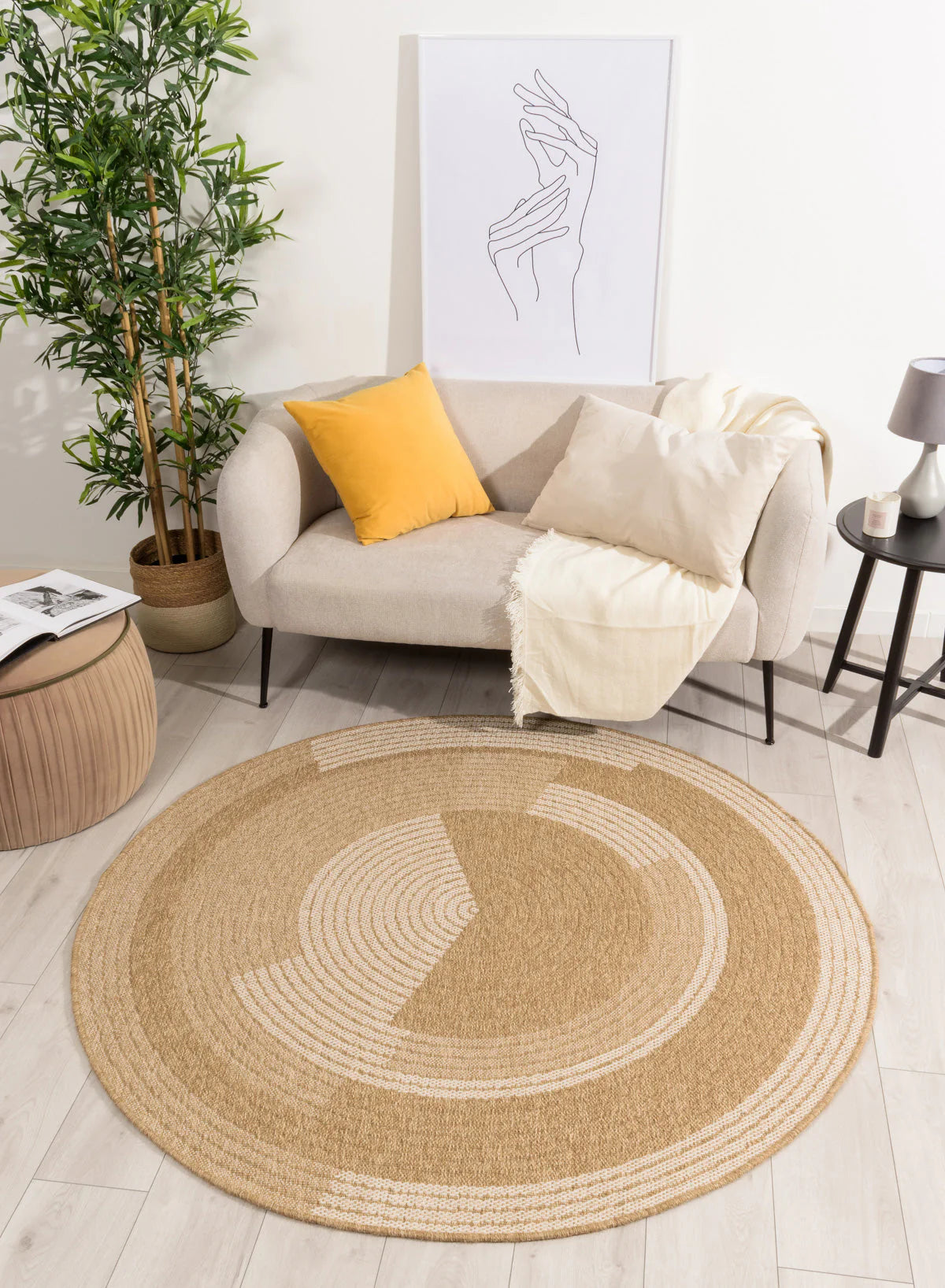 Tapis aspect jute nature motifs circulaires blancs rond - Nature