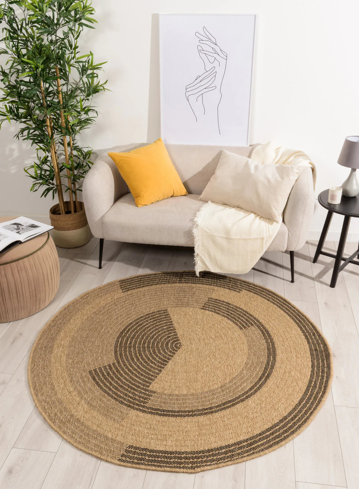 Tapis aspect jute nature motifs circulaires noirs rond - Nature