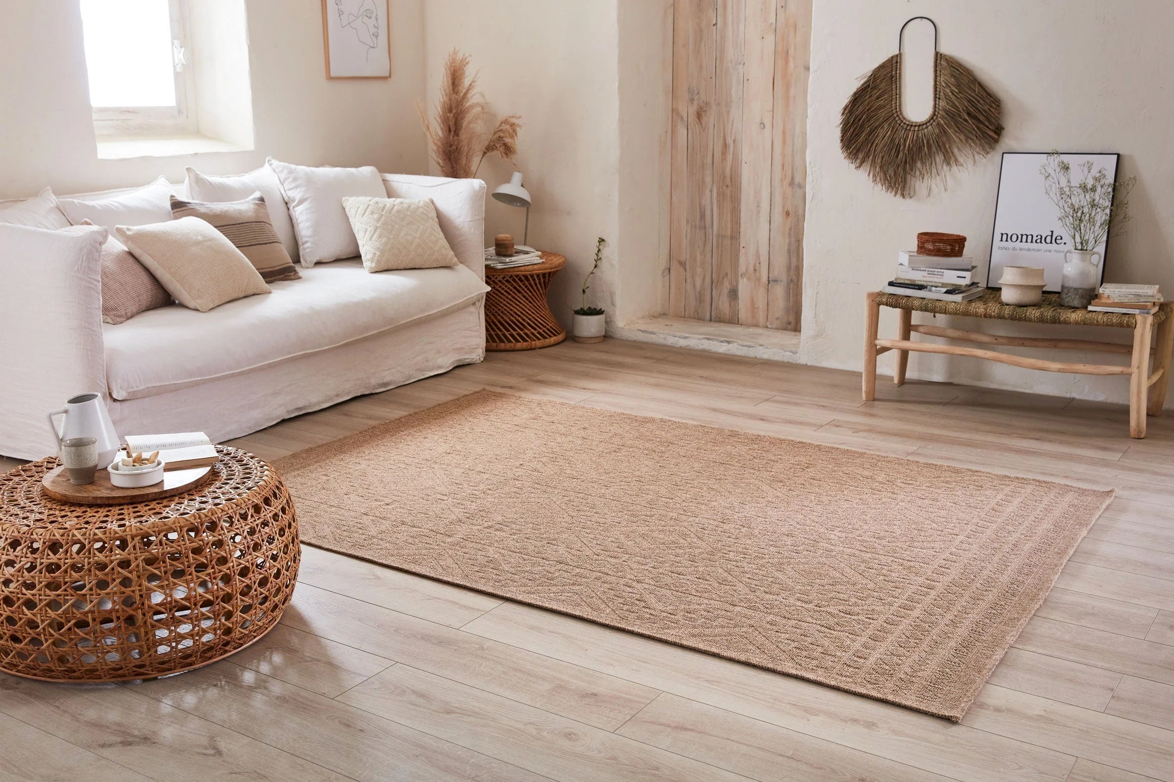Tapis de salon - intérieur extérieur - aspect jute naturel - motifs géométriques beige - Nature