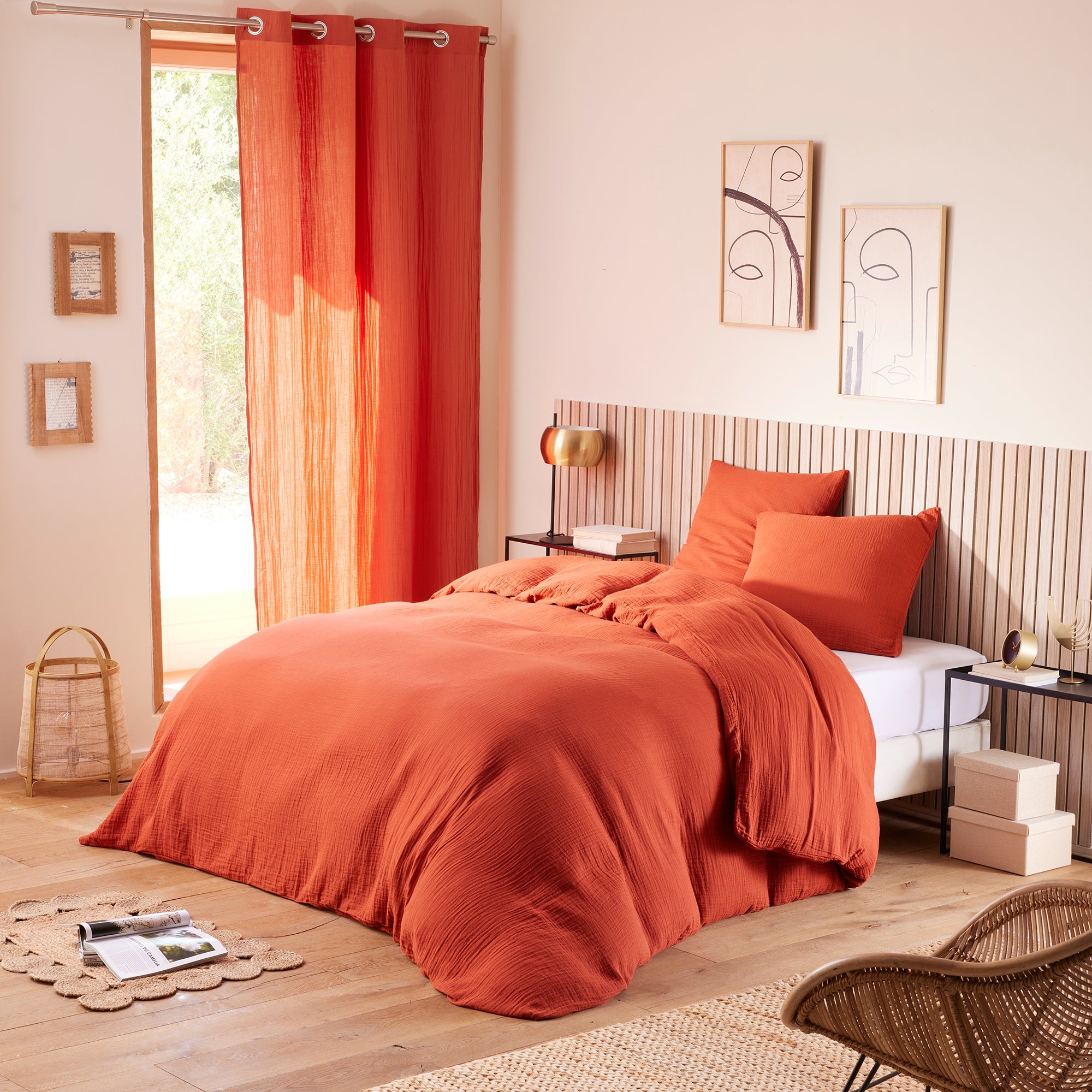 Parure de couette 260x240cm + 2 taies d'oreiller 65X65cm gaze de coton Terracotta