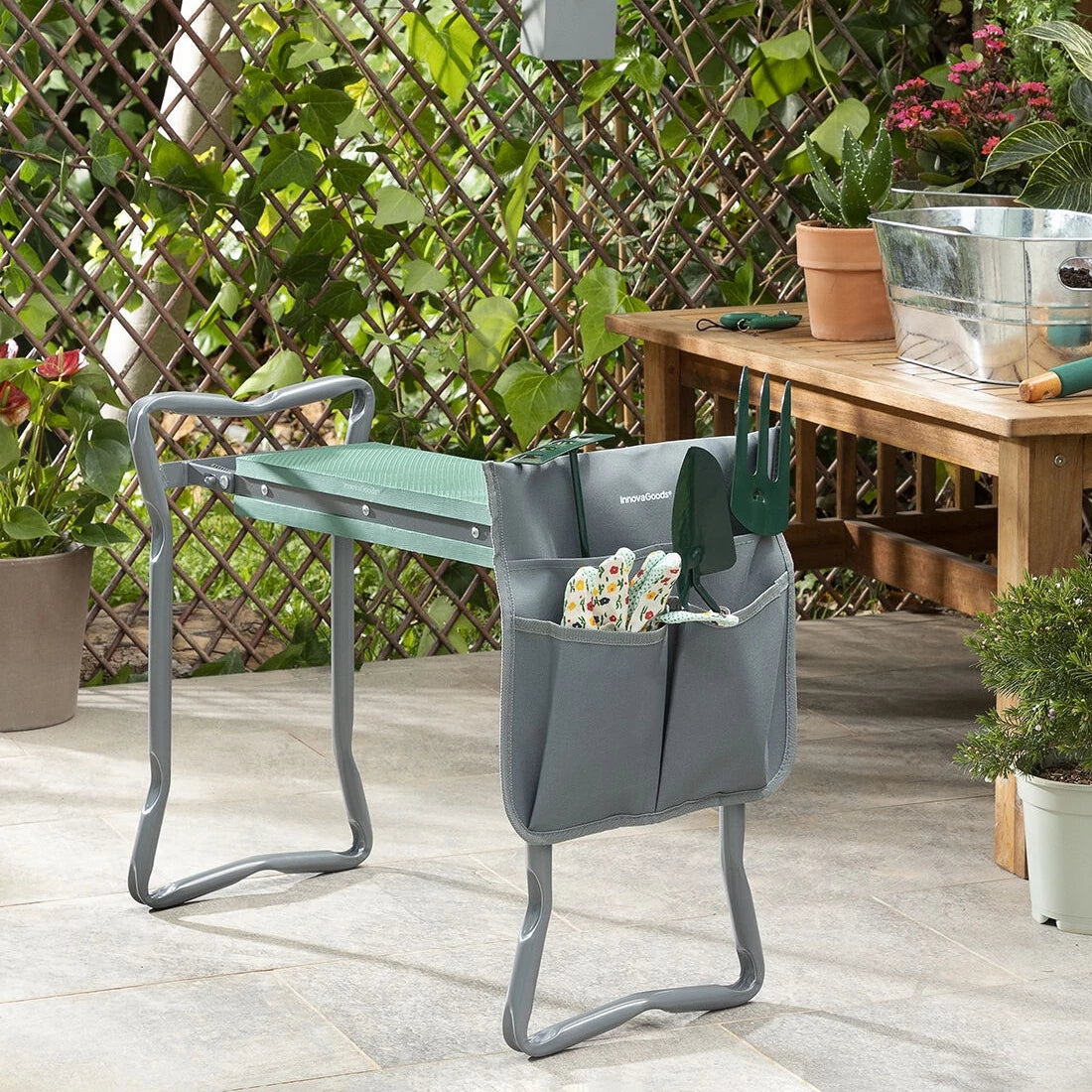 Banc de Jardin Pliable avec Sac à Outils 3-en-1