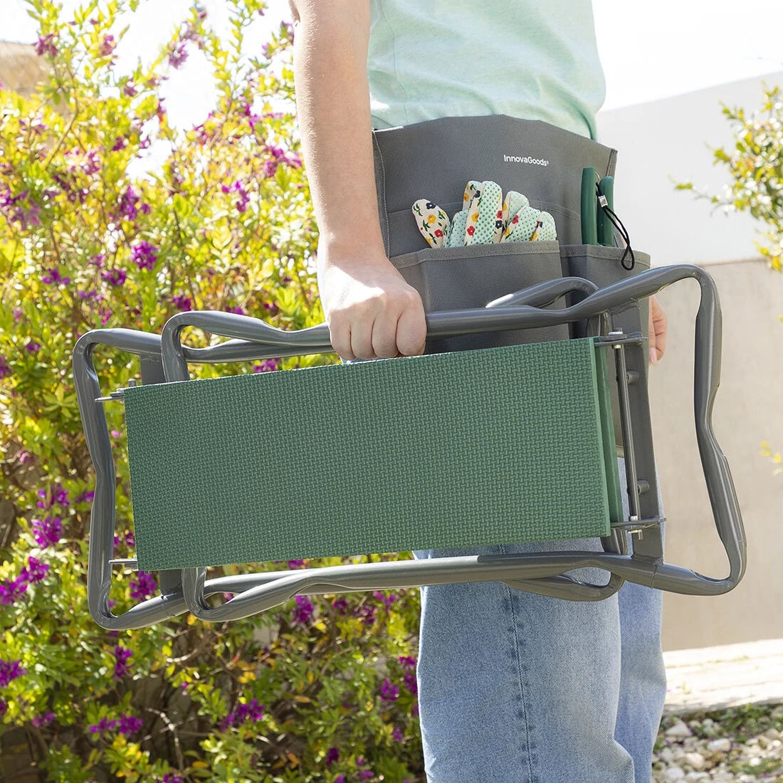 Banc de Jardin Pliable avec Sac à Outils 3-en-1