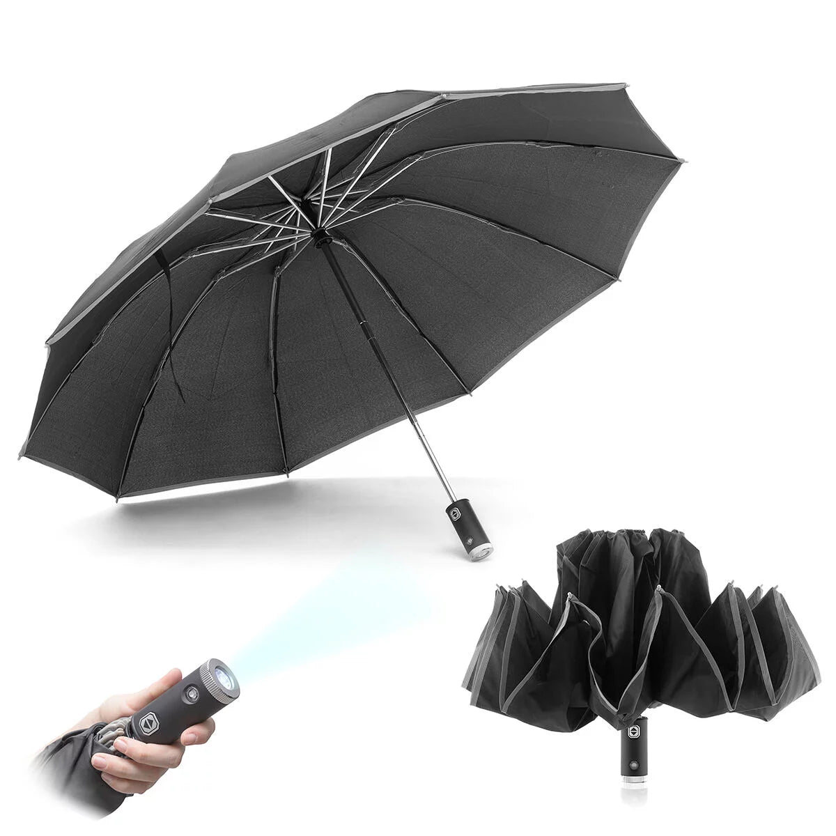 Parapluie pliable à fermeture inversée avec LED