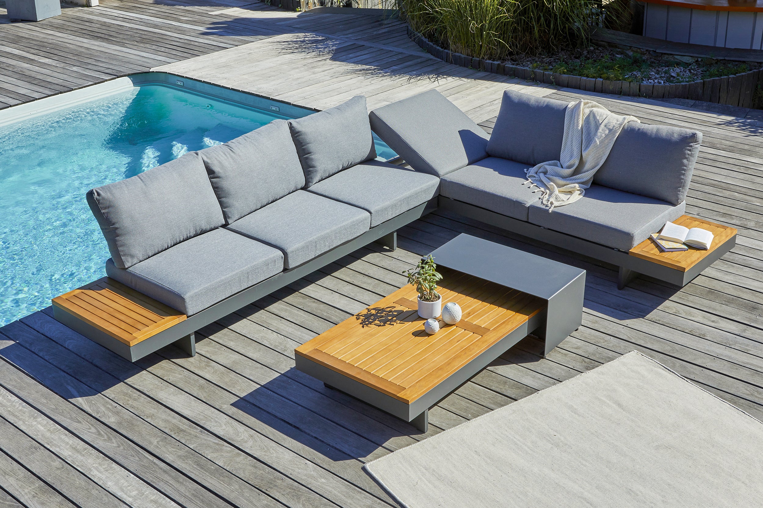 Salon de jardin d'angle VANUATU 6 places en bois d'acacia et aluminium - GRIS ANTHRACITE