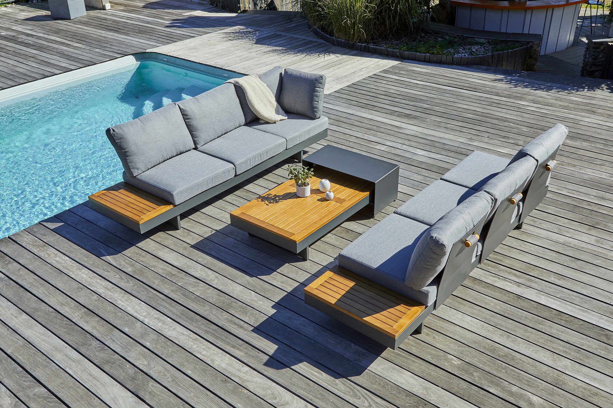 Salon de jardin d'angle VANUATU 6 places en bois d'acacia et aluminium - GRIS ANTHRACITE
