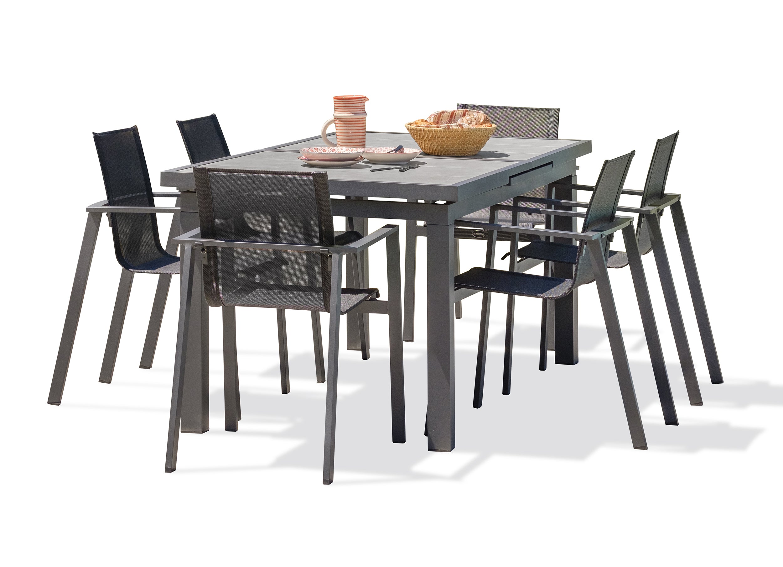 Table de jardin VENISE-TB250 avec rallonge et 6 fauteuils ALU-MIAMI-FT empilables