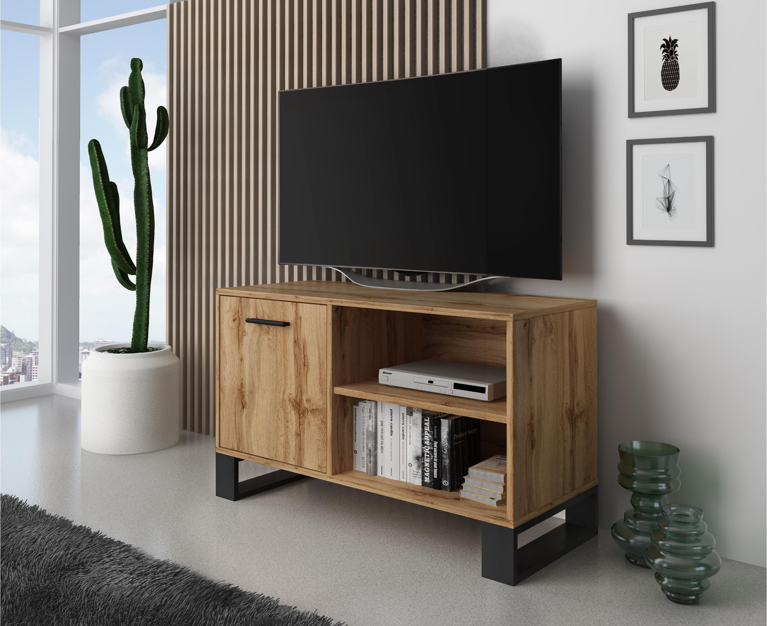 Meuble TV 100 avec porte à gauche, salon, modèle LOFT, Couleur chêne rustique