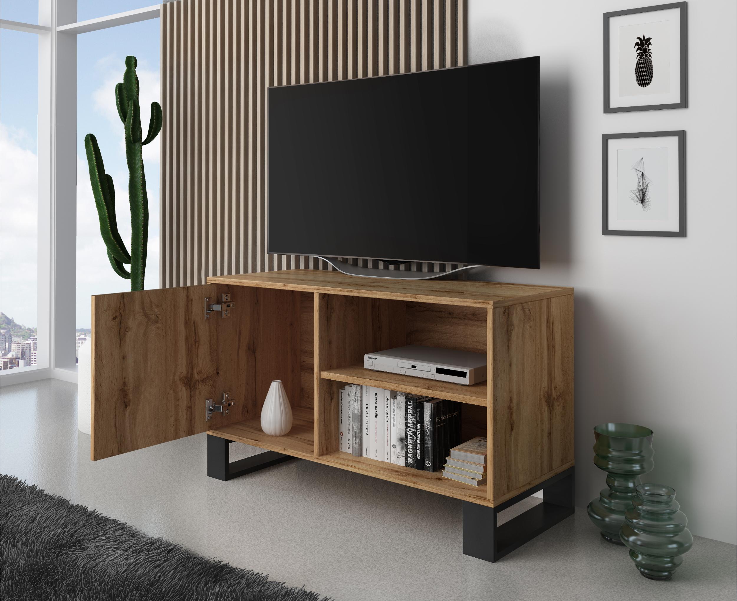 Meuble TV 100 avec porte à gauche, salon, modèle LOFT, Couleur chêne rustique