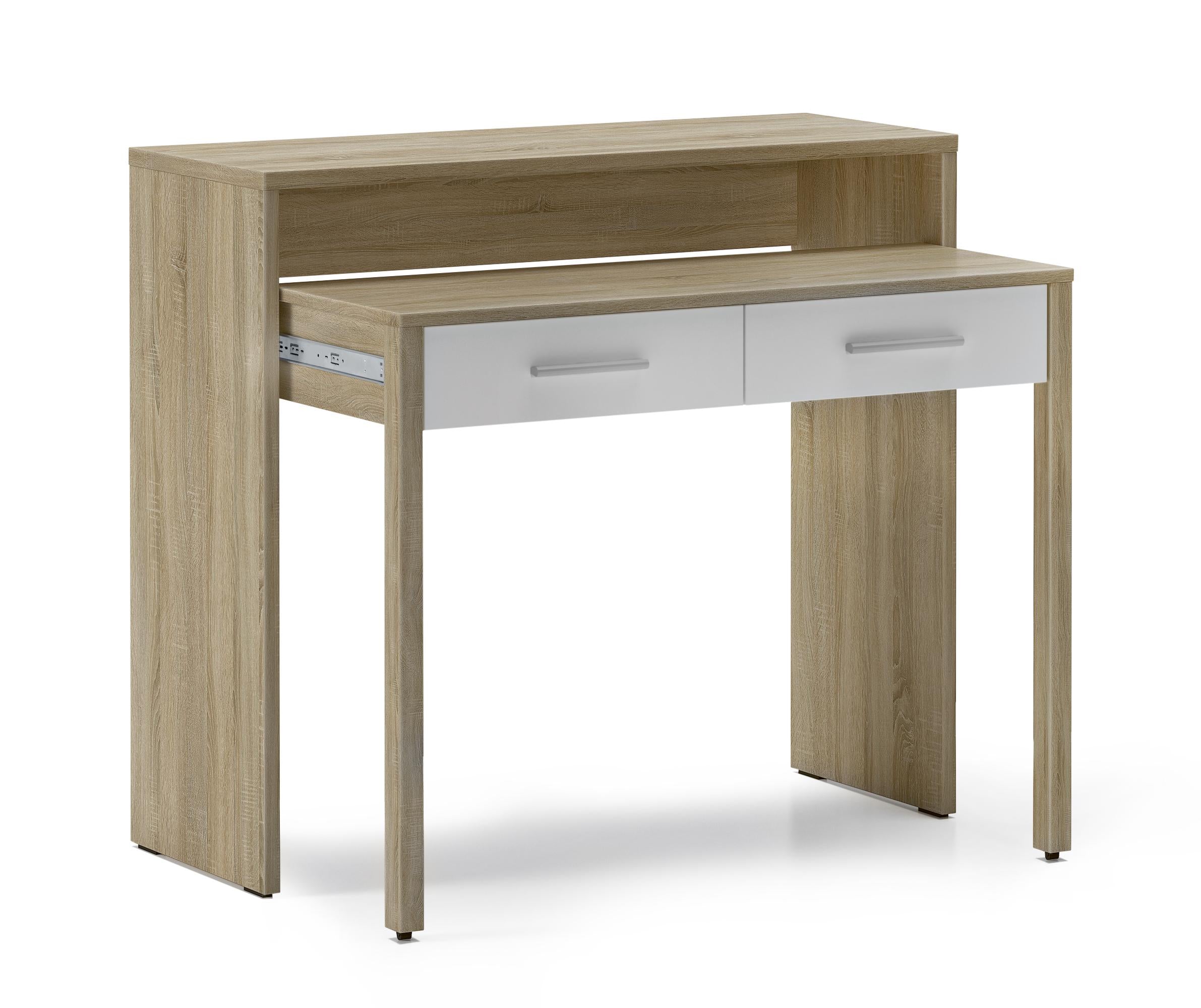 Bureau  Extensible, 2 tiroirs, blanc et chene clair