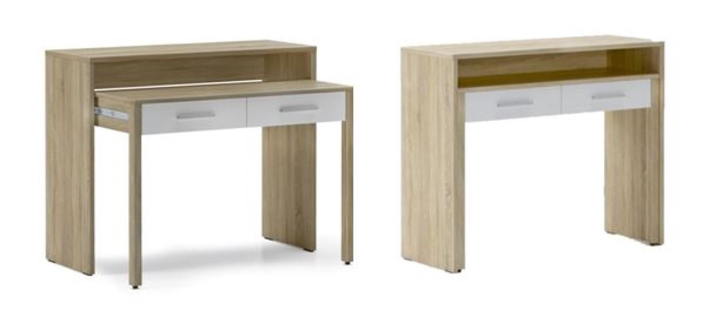 Bureau  Extensible, 2 tiroirs, blanc et chene clair